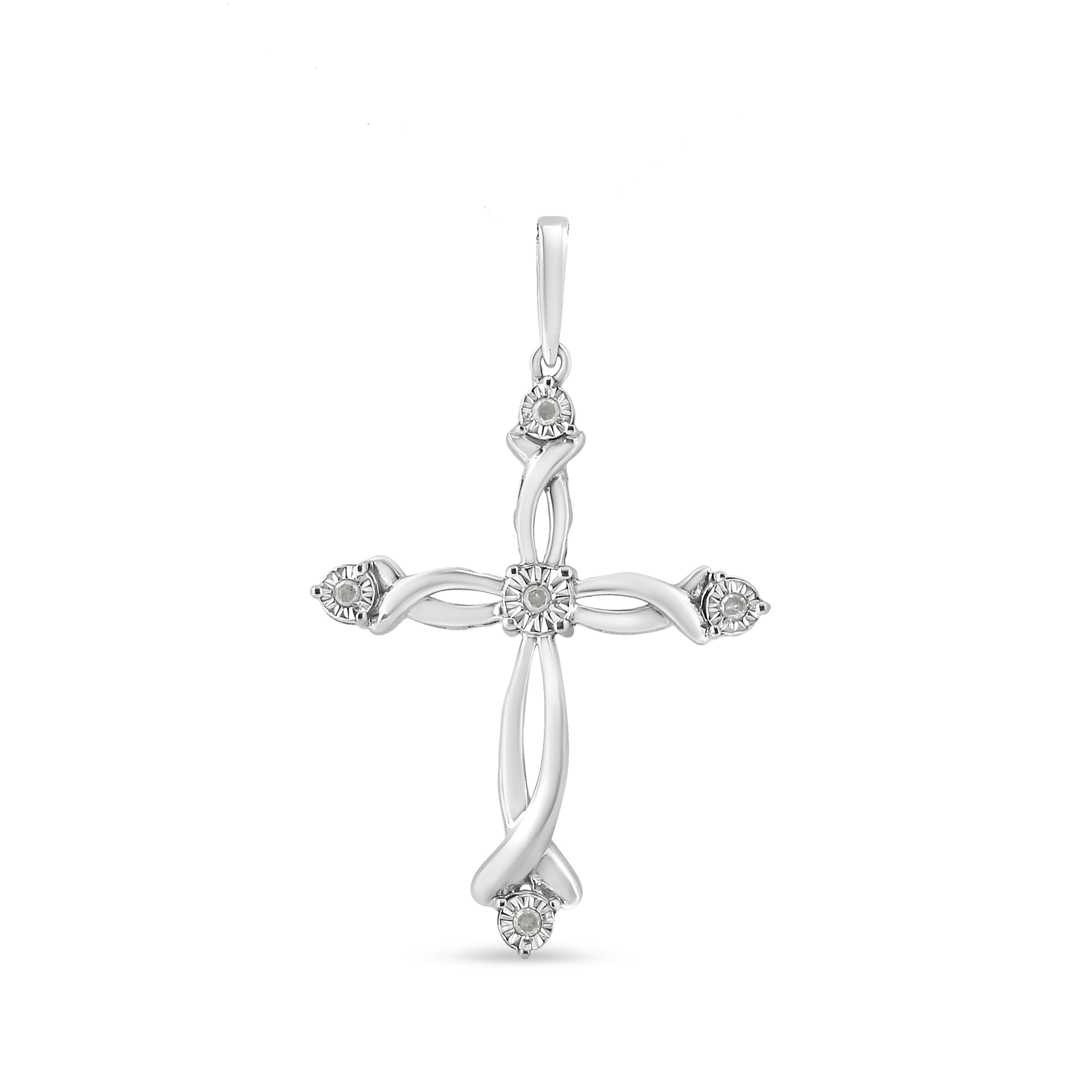 Contemporary .925 Sterling Silver Round Cut Diamond Accent Cross Pendant Necklace For Sale