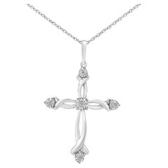 .925 Sterling Silver Round Cut Diamond Accent Cross Pendant Necklace