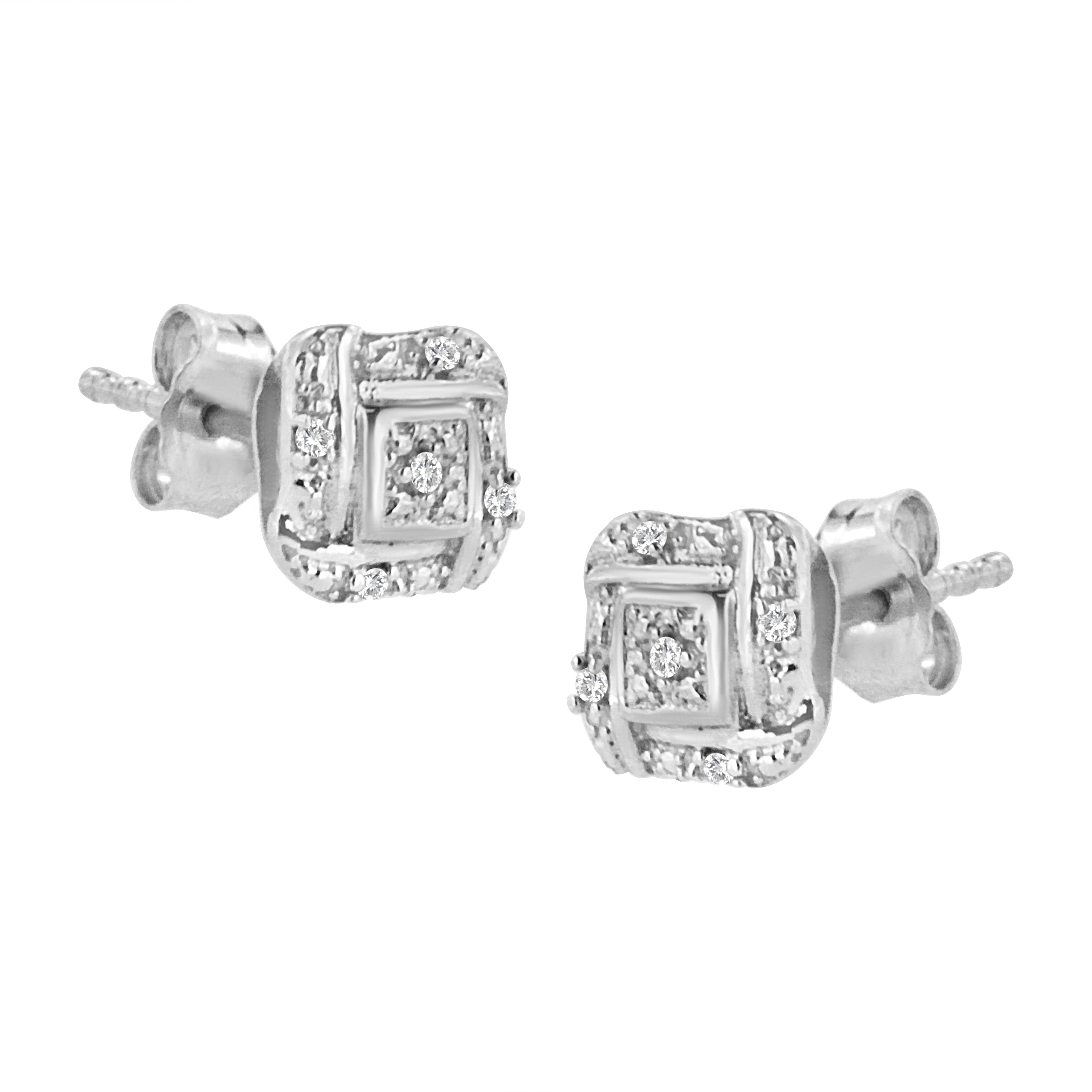 Simple yet classic, these beautiful diamond accent studs are crafted in genuine .925 sterling silver, plated with rhodium (a platinum-family metal) for a lifetime of tarnish-free wear. These earrings are created with a sterling swirl square knot