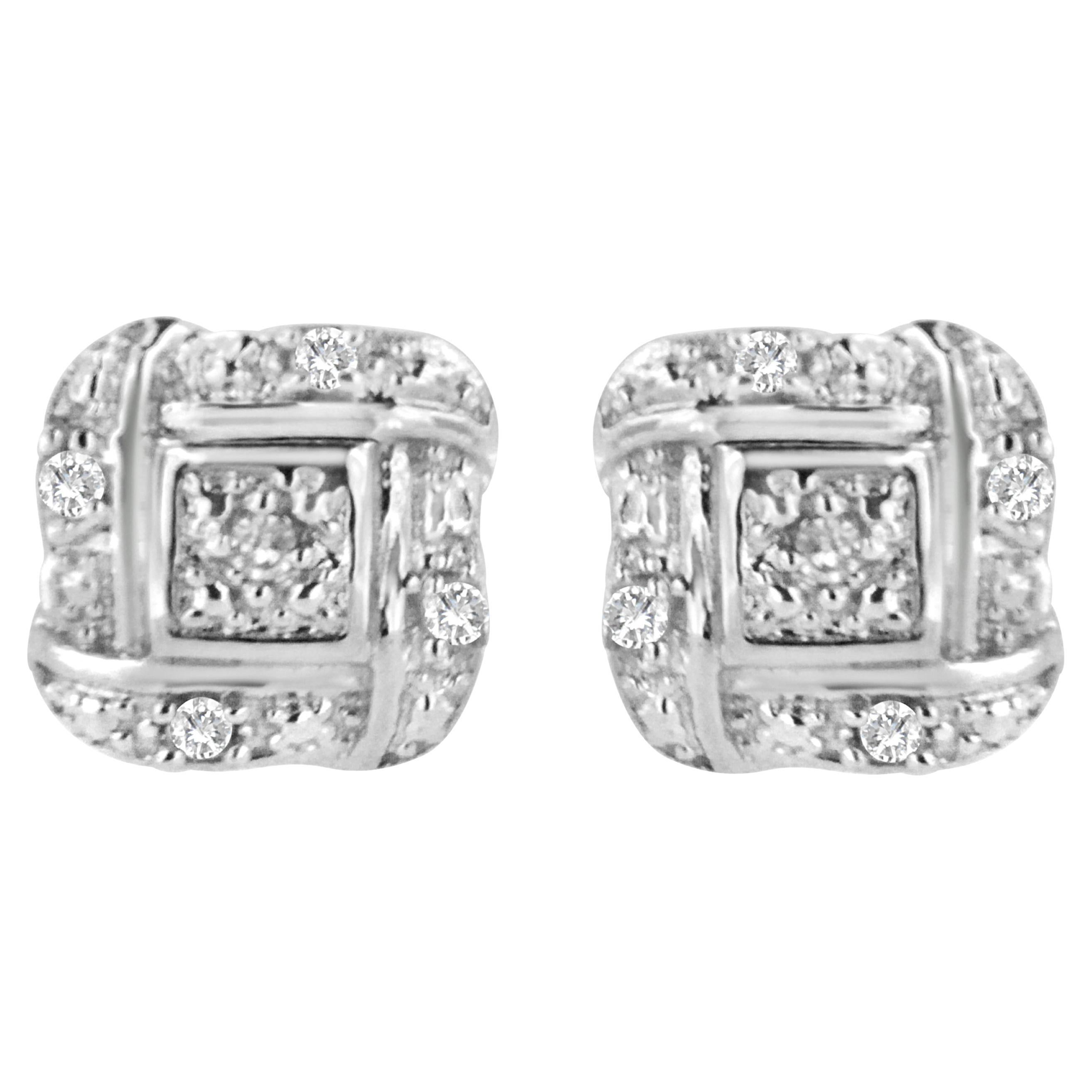 .925 Sterling Silver Round-Cut Diamond Accent Swirl Square Knot Stud Earrings For Sale