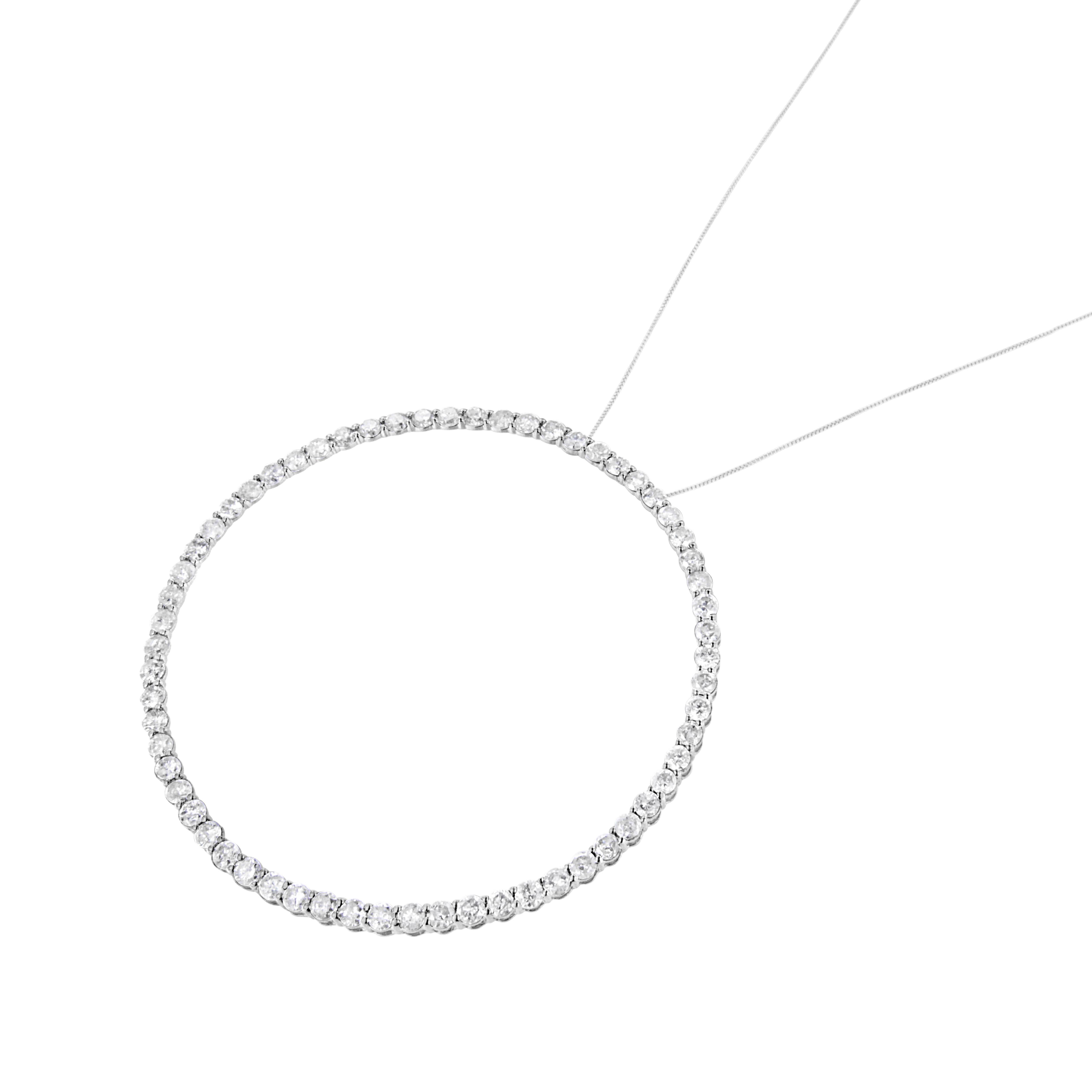 Modern .925 Sterling Silver Round Diamond Open Circle Hoop Pendant Necklace For Sale