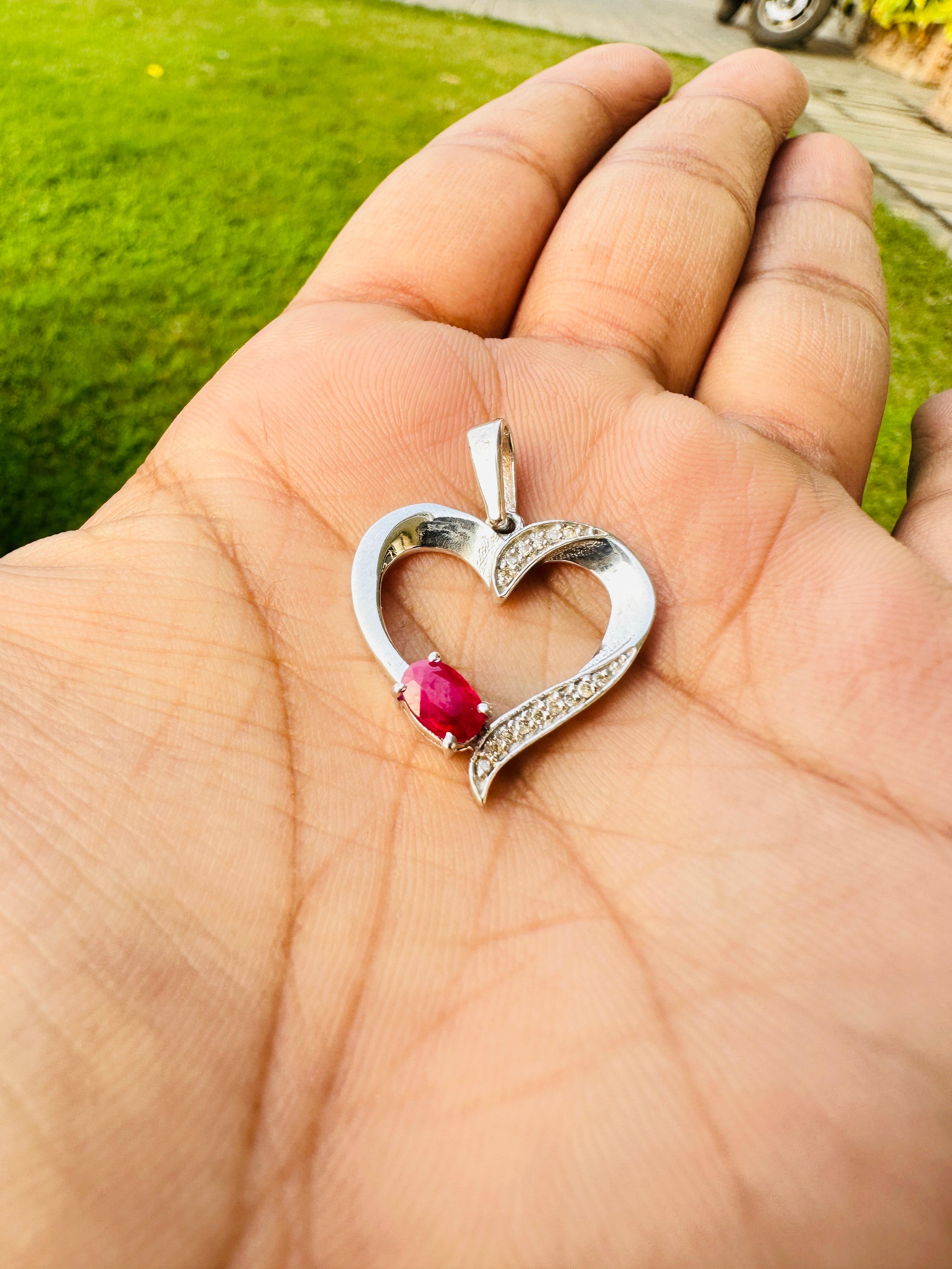 This Ruby and Diamond Heart Love Pendant Gift for Valentine is meticulously crafted from the finest materials and adorned with stunning ruby which enhances confidence, leadership qualities and attract career opportunities.
This delicate to statement