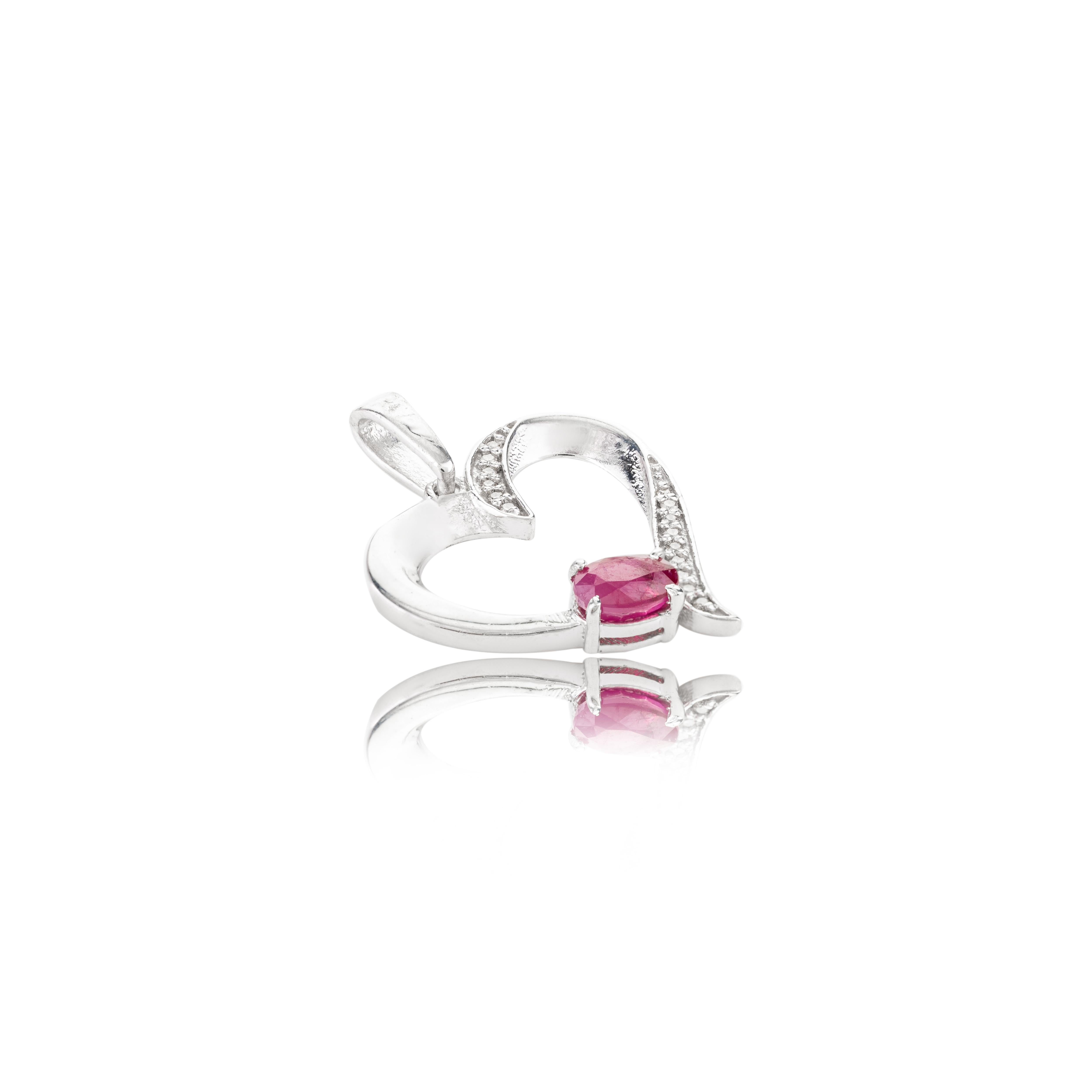 Modern .925 Sterling Silver Ruby and Diamond Heart Love Pendant Gift for Valentine For Sale