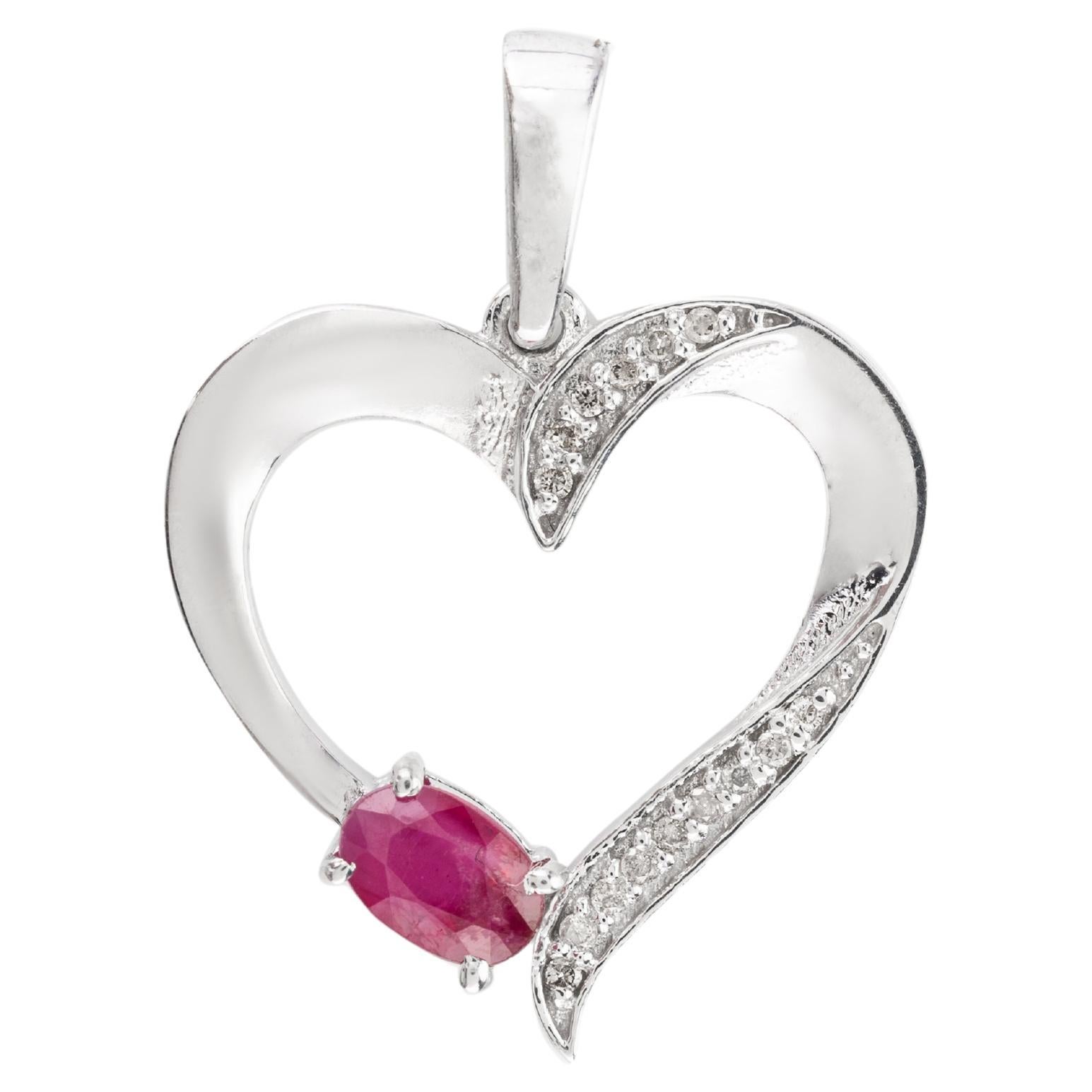 .925 Sterling Silver Ruby and Diamond Heart Love Pendant Gift for Valentine For Sale