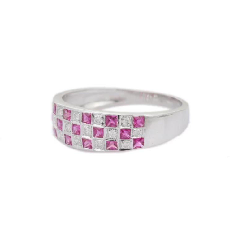 For Sale:  925 Sterling Silver Square Cut Pink Sapphire and Diamond Check Band Ring 2