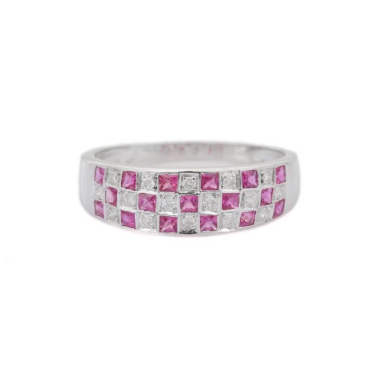 For Sale:  925 Sterling Silver Square Cut Pink Sapphire and Diamond Check Band Ring 4