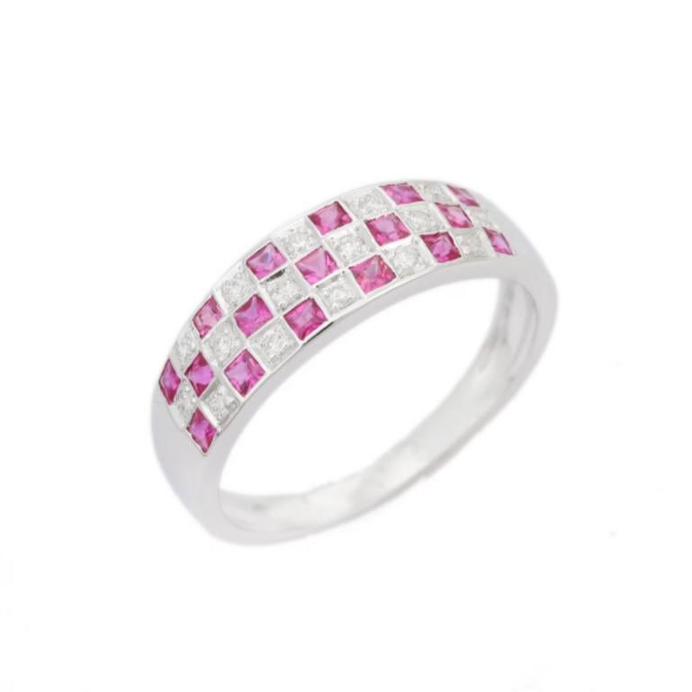 For Sale:  925 Sterling Silver Square Cut Pink Sapphire and Diamond Check Band Ring 5