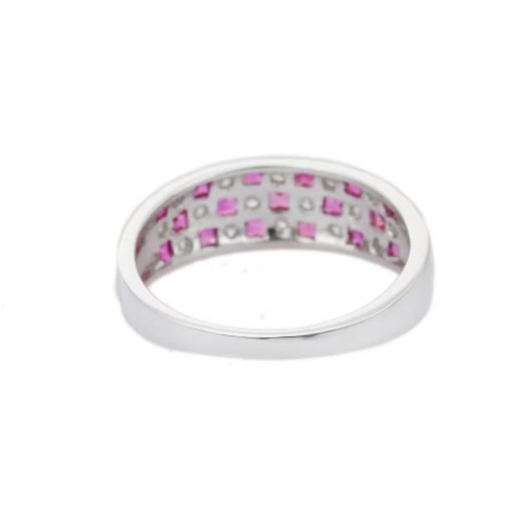 For Sale:  925 Sterling Silver Square Cut Pink Sapphire and Diamond Check Band Ring 6