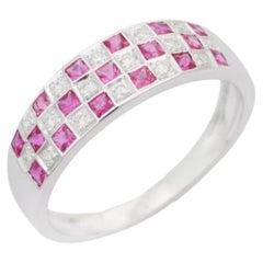 925 Sterling Silver Square Cut Pink Sapphire and Diamond Check Band Ring