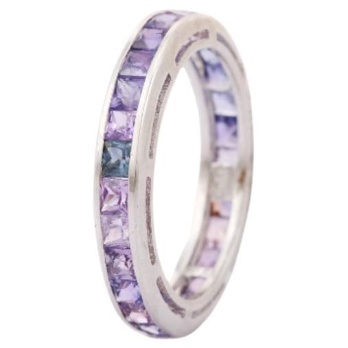For Sale:  925 Sterling Silver Stackable Rainbow Sapphire Band Ring Gift for Her