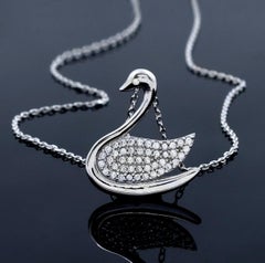 925 Sterling Silver Swan Design Necklace For Her Natural Pave Diamond Pendant.