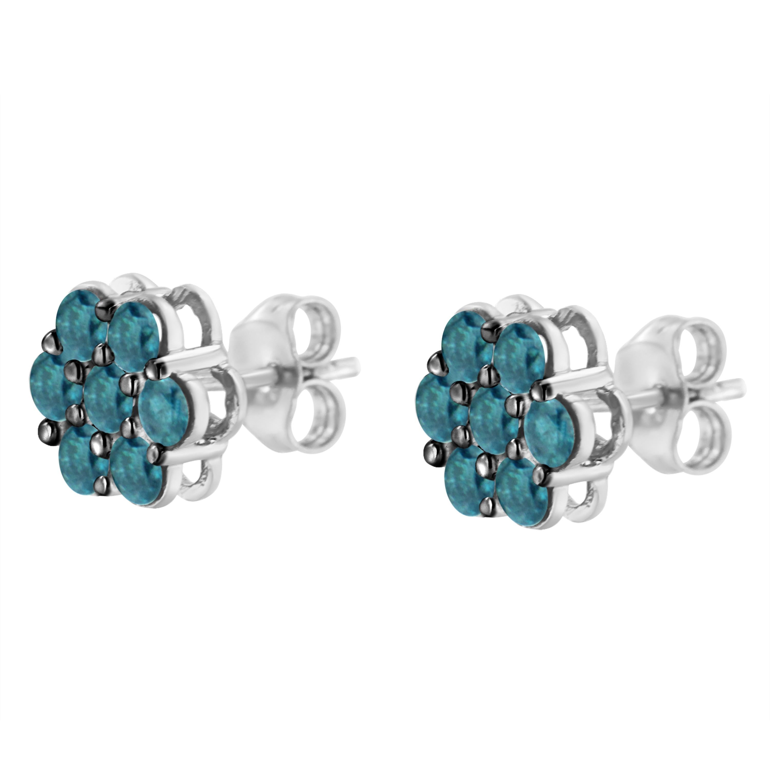 Contemporary .925 Sterling Silver Treated Blue 1.0 Carat Diamond Floral Stud Earrings For Sale