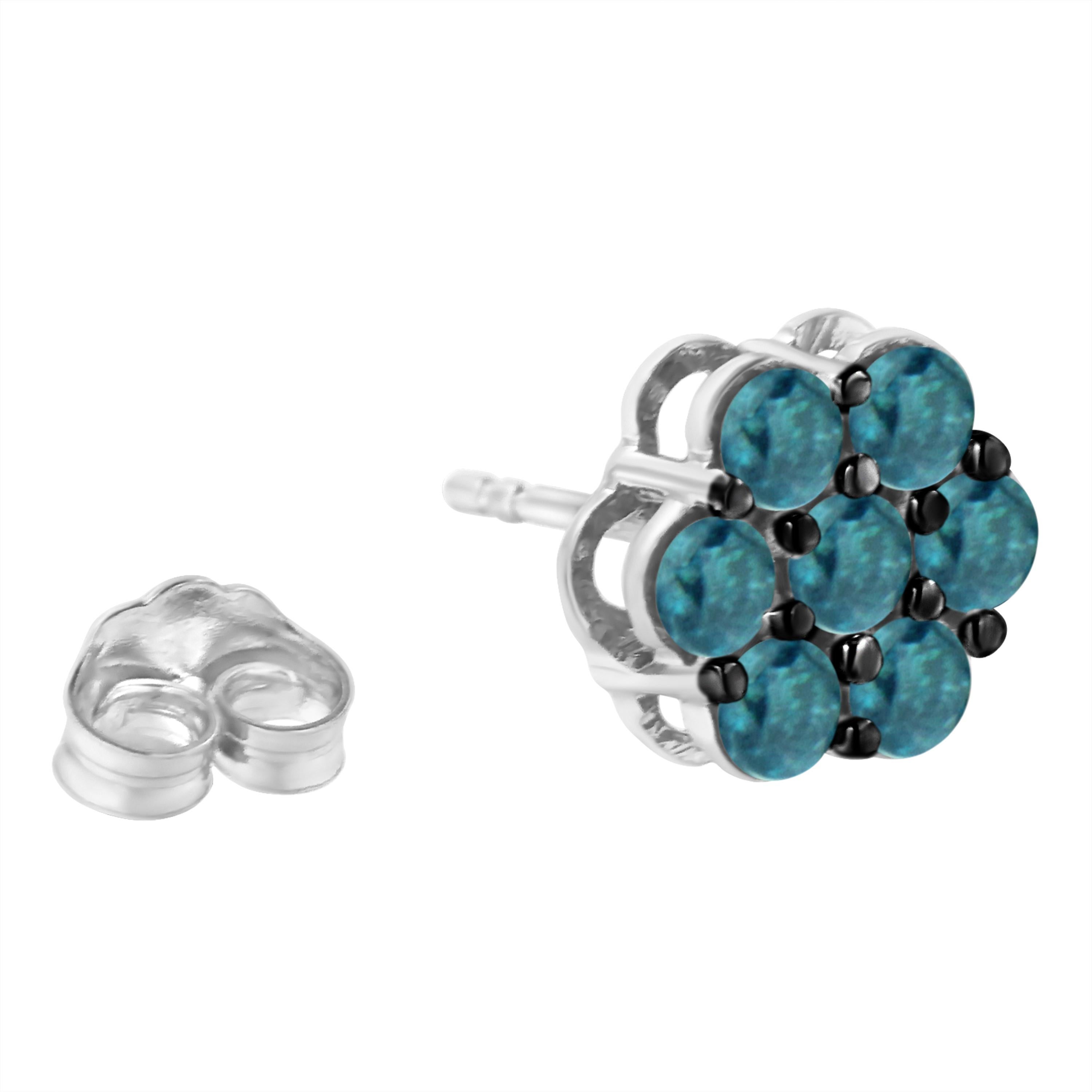 Round Cut .925 Sterling Silver Treated Blue 1.0 Carat Diamond Floral Stud Earrings For Sale