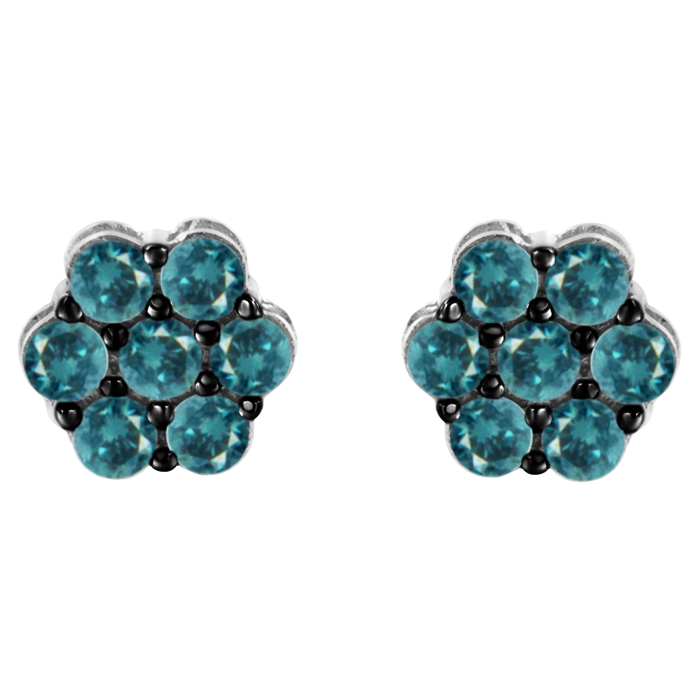 .925 Sterling Silver Treated Blue 1.0 Carat Diamond Floral Stud Earrings For Sale