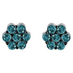 Used .925 Sterling Silver Treated Blue 1.0 Carat Diamond Floral Stud Earrings