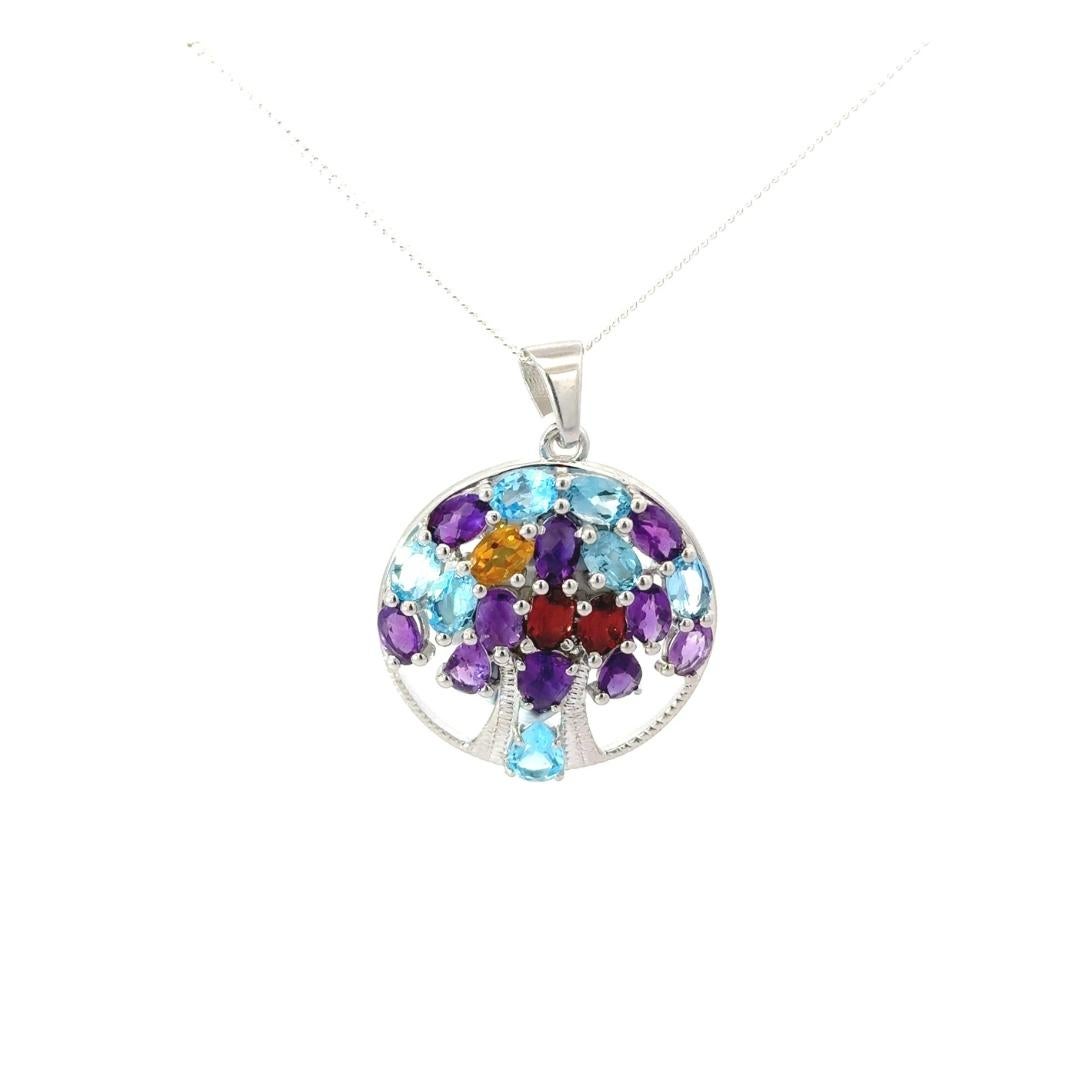 Art Nouveau 925 Sterling Silver Tree of Life Multi Gemstone Circle Pendant for Daughter For Sale