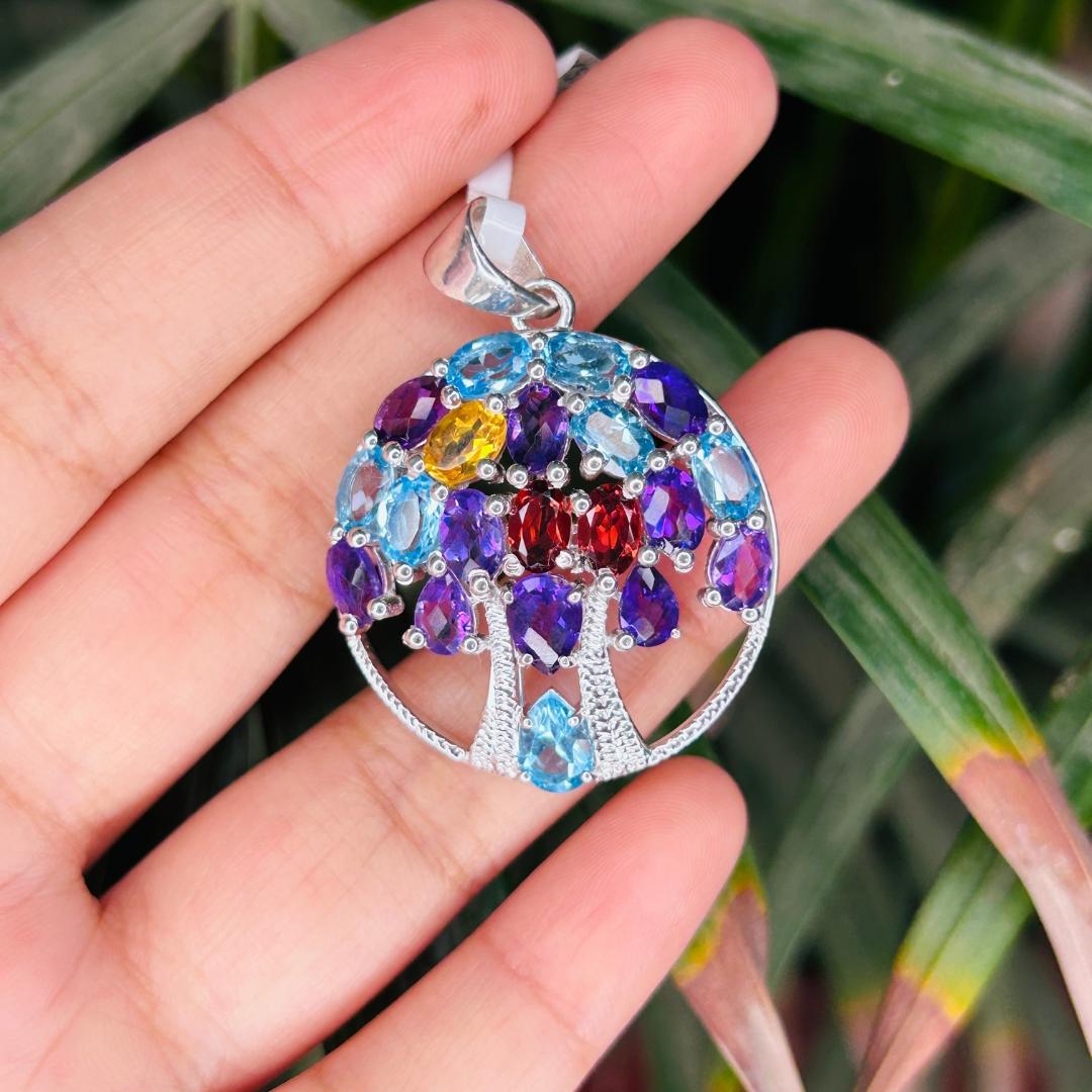 Mixed Cut 925 Sterling Silver Tree of Life Multi Gemstone Circle Pendant for Daughter For Sale