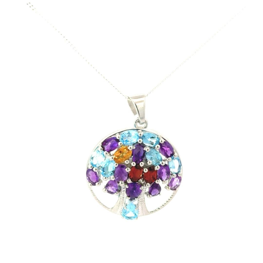 925 Sterling Silver Tree of Life Multi Gemstone Circle Pendant for Daughter In New Condition For Sale In New York, NY