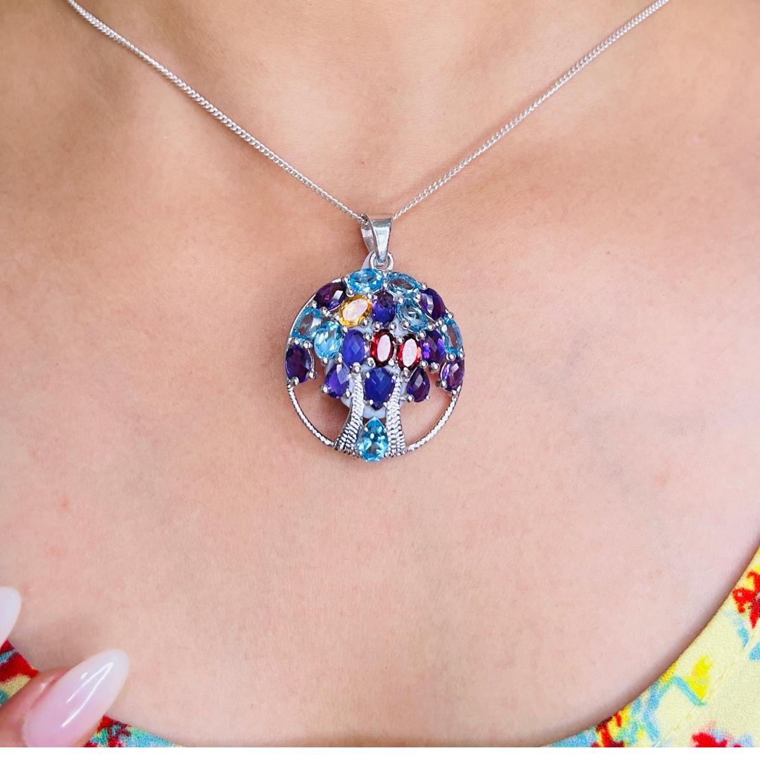 Women's 925 Sterling Silver Tree of Life Multi Gemstone Circle Pendant for Daughter For Sale