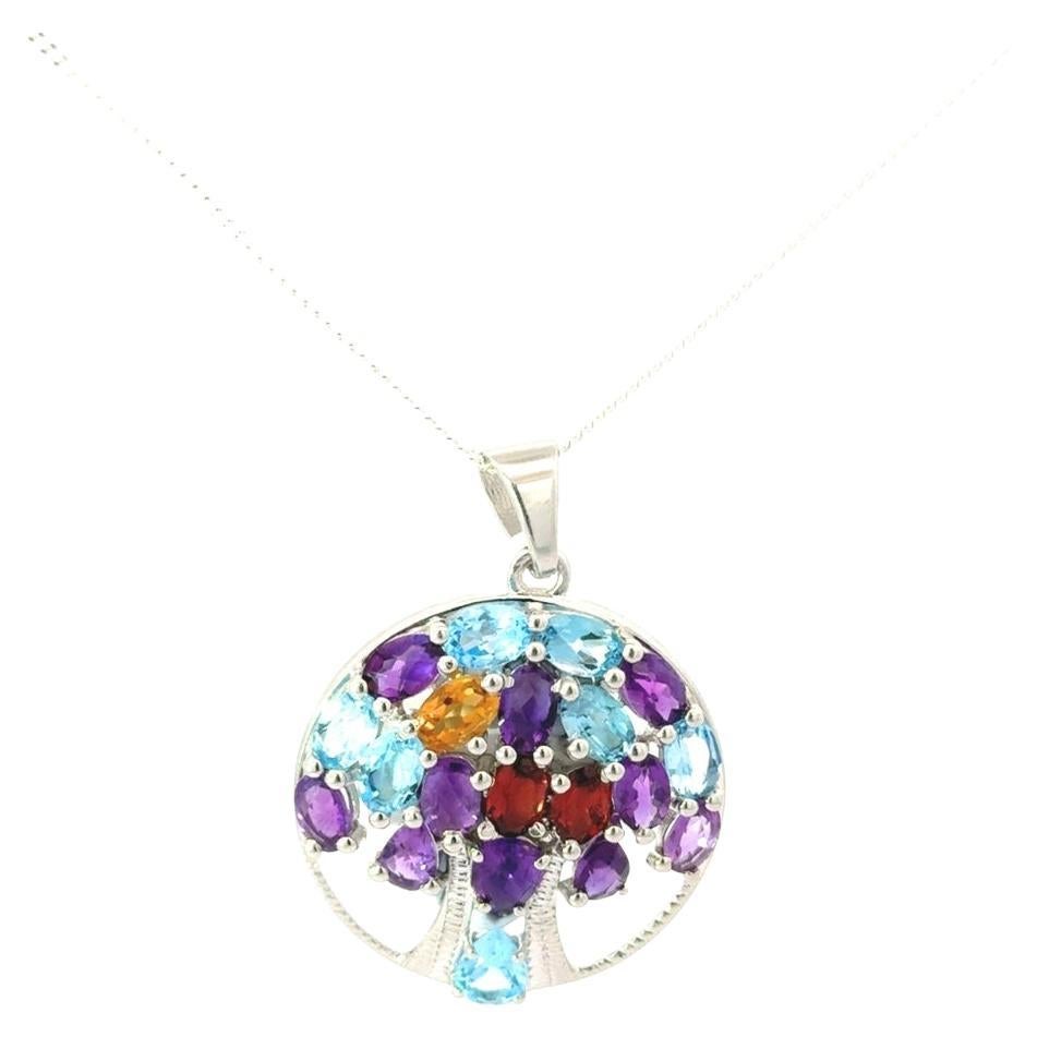 925 Sterling Silver Tree of Life Multi Gemstone Circle Pendant for Daughter For Sale