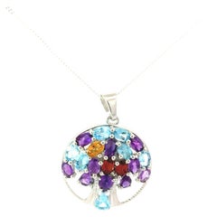 925 Sterling Silver Tree of Life Multi Gemstone Circle Pendant for Mom Gift