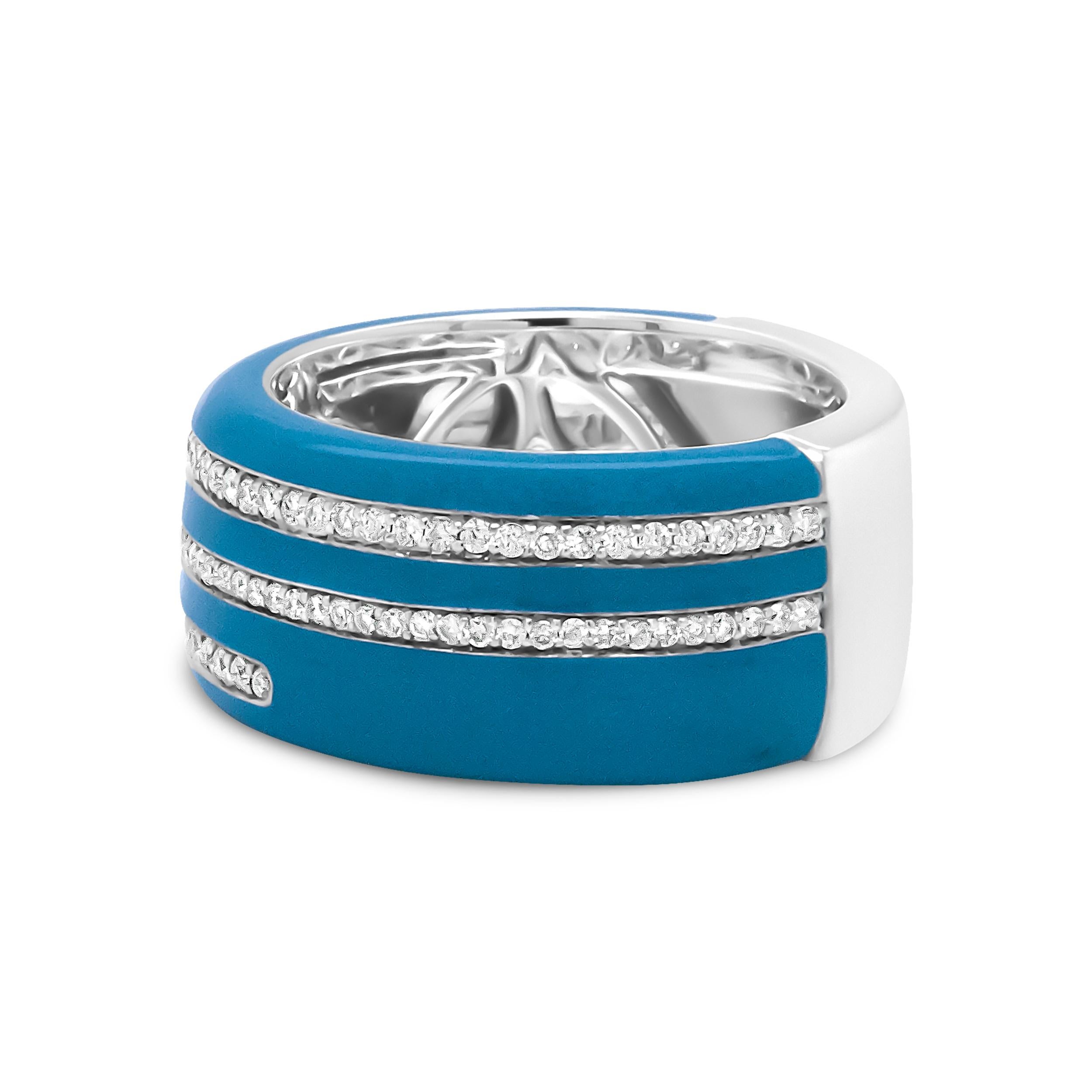 Love to stand out when it comes to your fashion choices? Look no further than this remarkable statement ring made of fine .925 sterling silver with turquoise enamel. Straight lines take on a horizontal path, comprised of round diamonds secured
