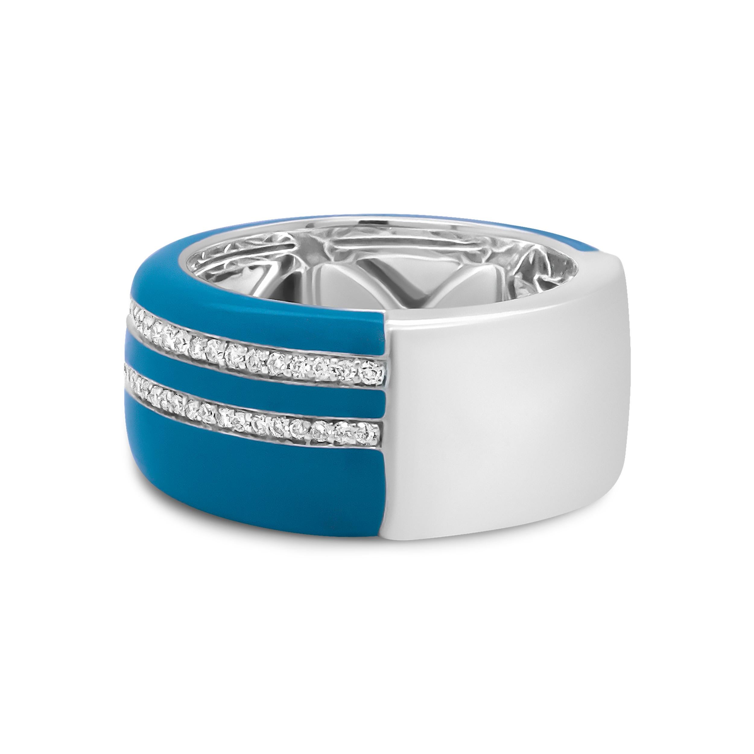 Moderne .925 Sterling Silver Turquoise Enamel 5/8 Carat Diamond Wide Band Statement Ring en vente