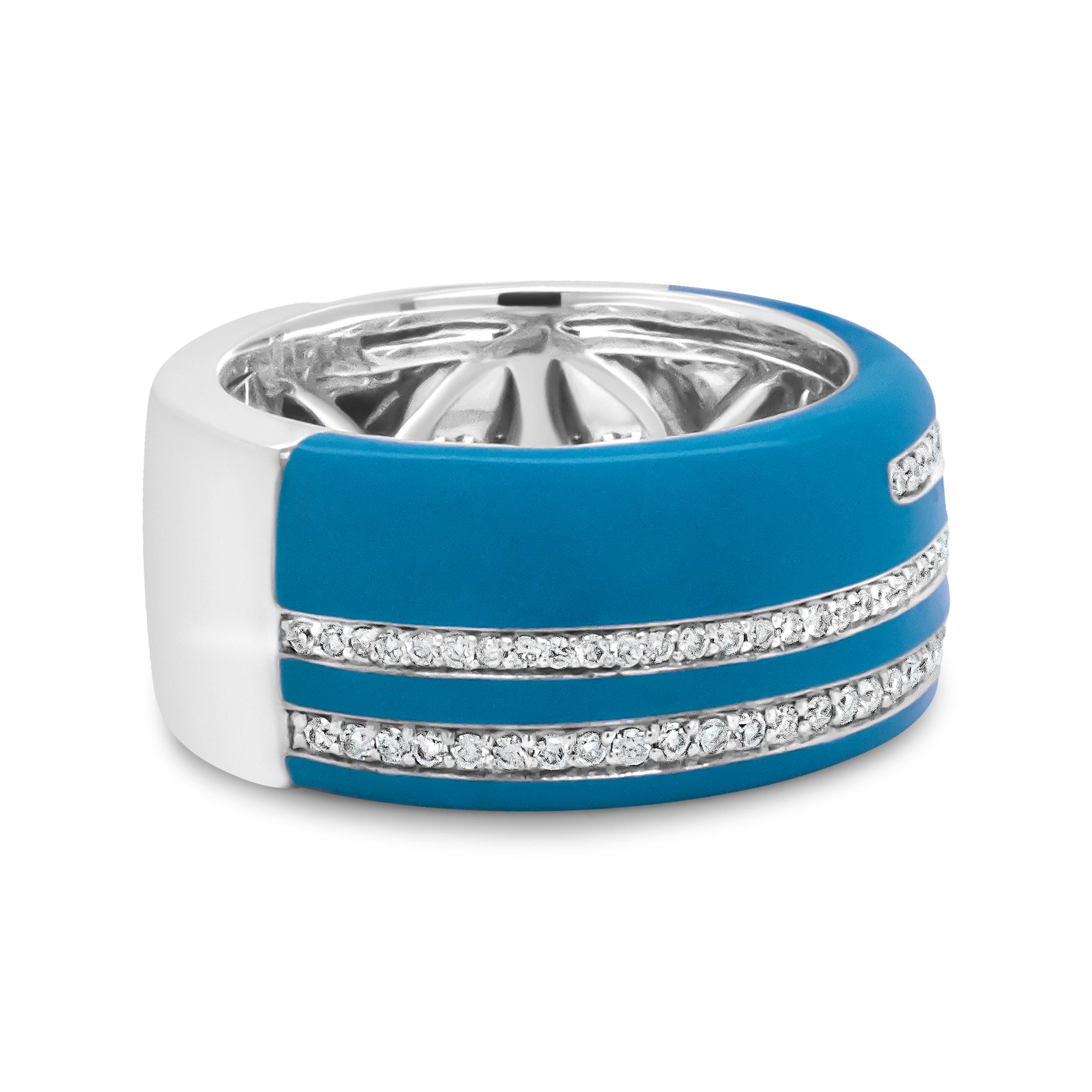 Taille ronde .925 Sterling Silver Turquoise Enamel 5/8 Carat Diamond Wide Band Statement Ring en vente