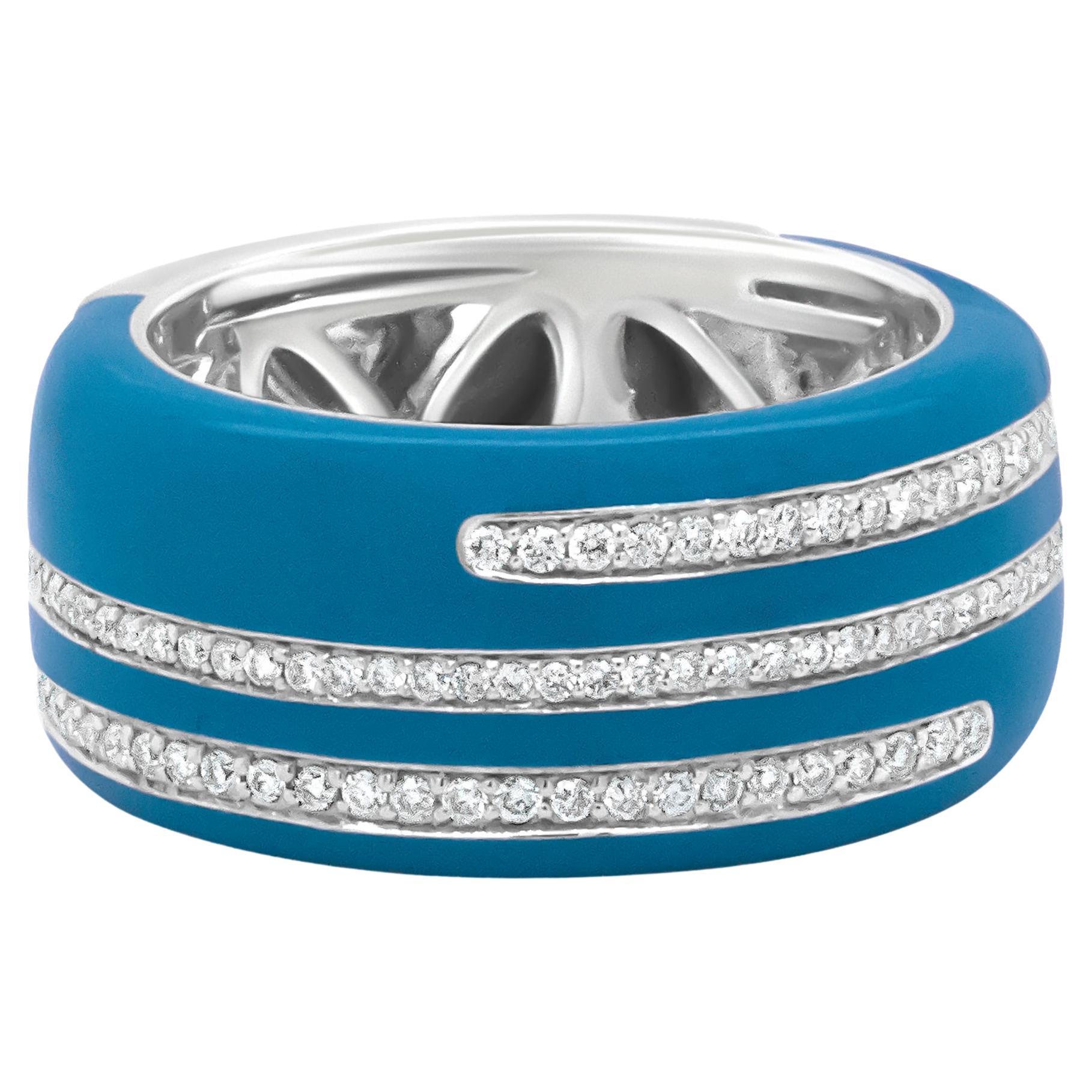 .925 Sterling Silver Turquoise Enamel 5/8 Carat Diamond Wide Band Statement Ring en vente