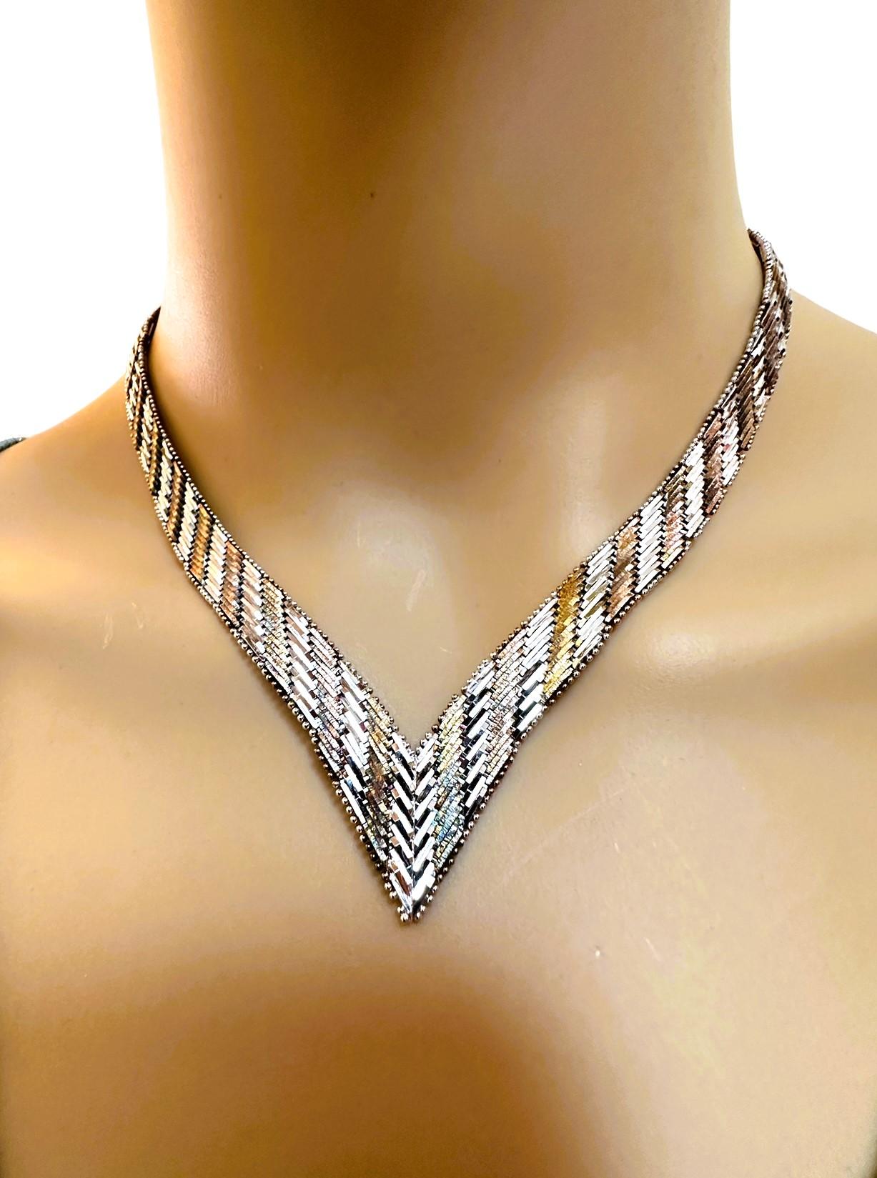 925 Sterling Silver Two-Color Chevron Herringbone Necklace 17.5” Italy 38 Grams In Excellent Condition In Eagan, MN