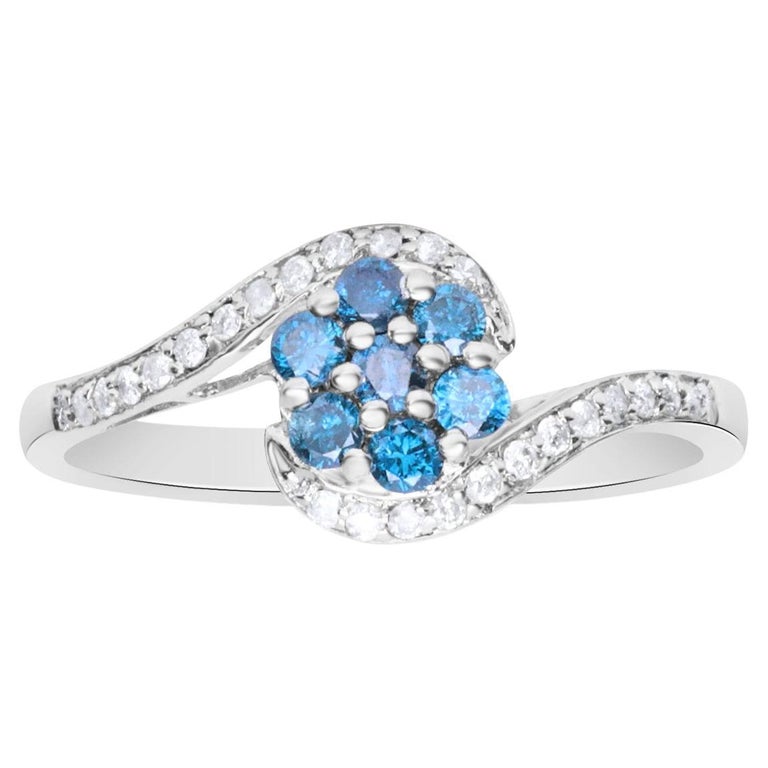 Classic 925 Sterling Silver Studded with Blue and White Diamond Ring For Sale