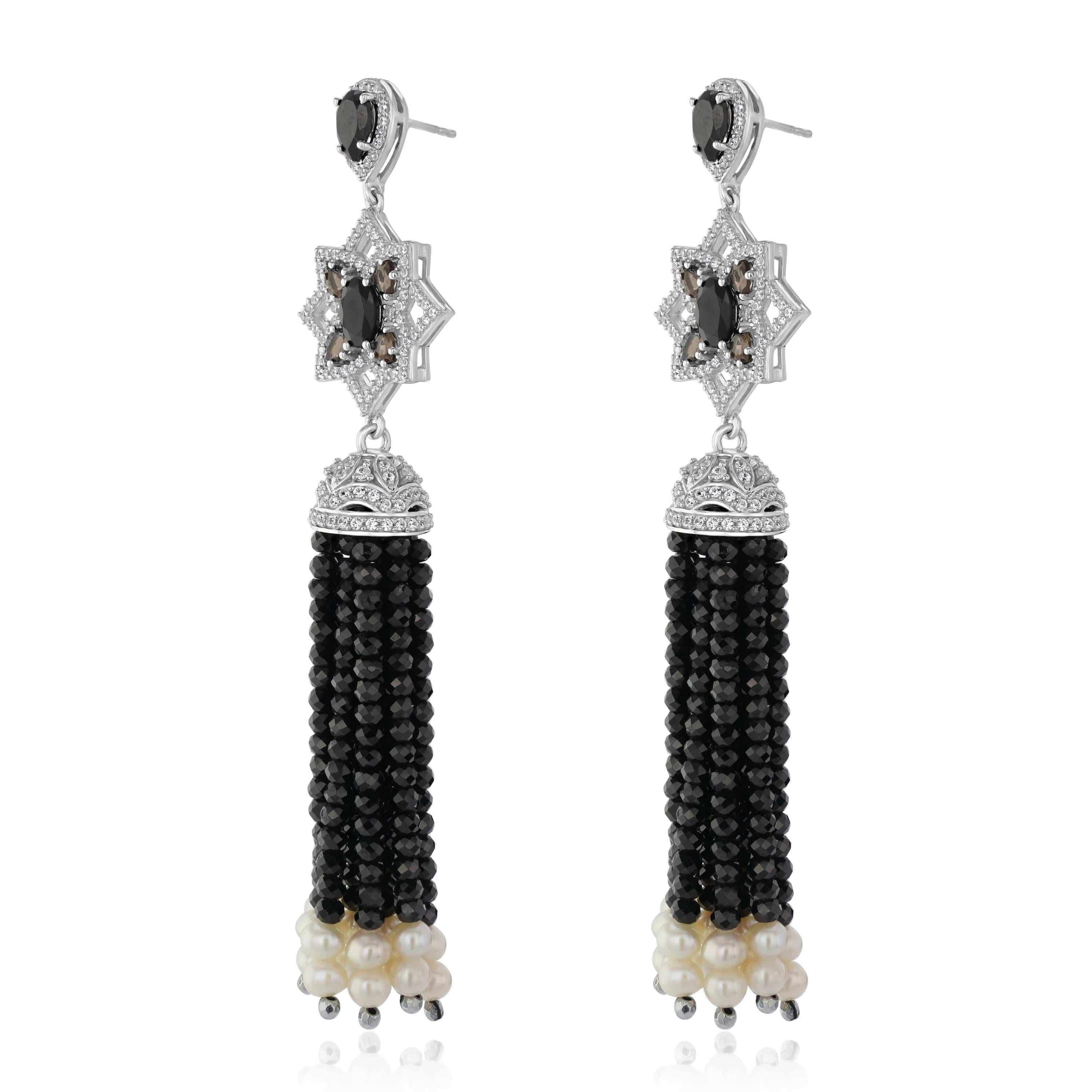 Black Spinel, Smoky Quartz, White Natural Zircon And Freshwater Pearl Tassel Earring In Sterling Silver.A magnificent fusion of black spinel beads and freshwater pearls accompanied by white natural zircon and smoky quartz make these women's tassel