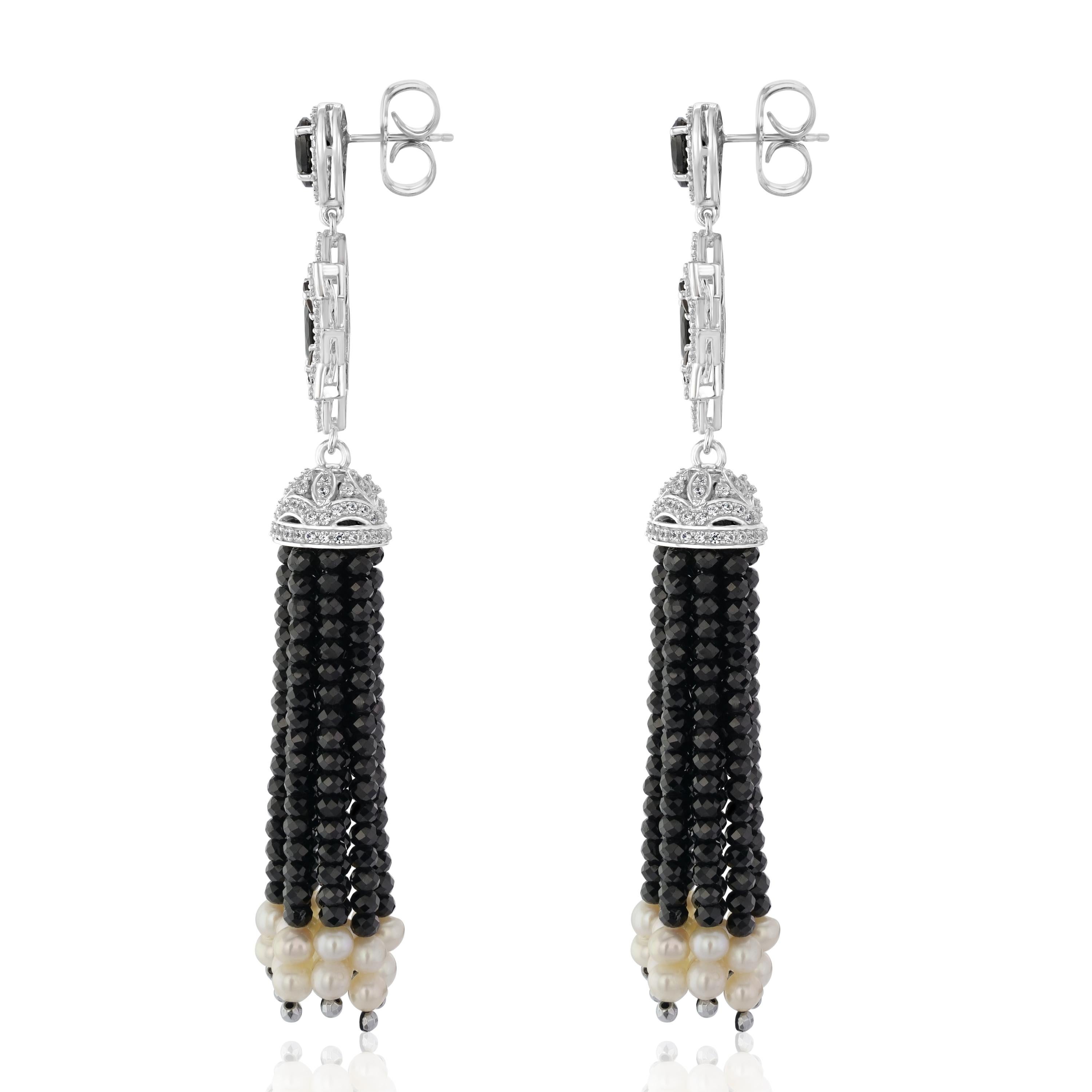 Contemporary 925 Sterling Silver with Smoky Quartz and Freshwater Pearl Tassel Earrings