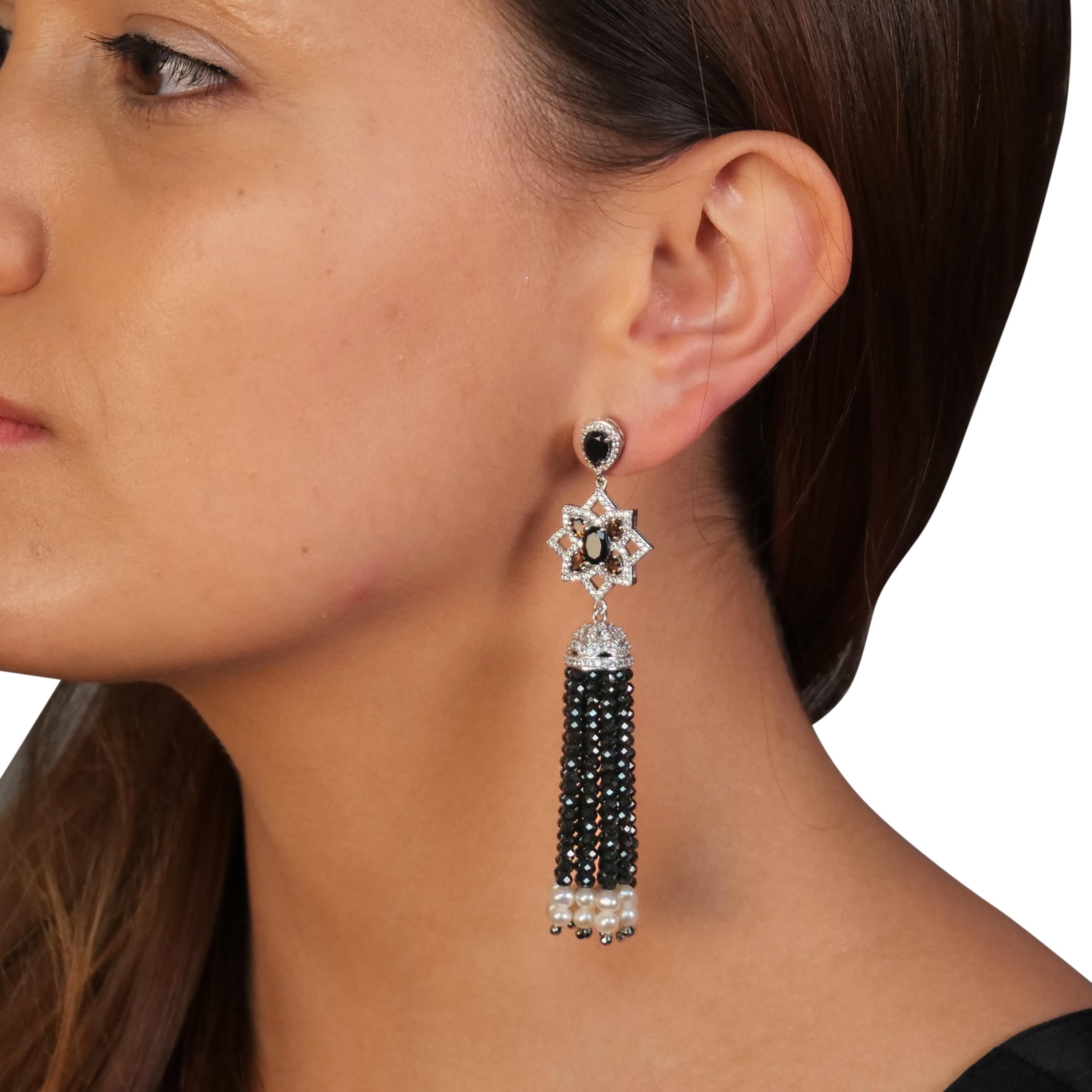 925 Sterling Silver with Smoky Quartz and Freshwater Pearl Tassel Earrings In New Condition In New York, NY