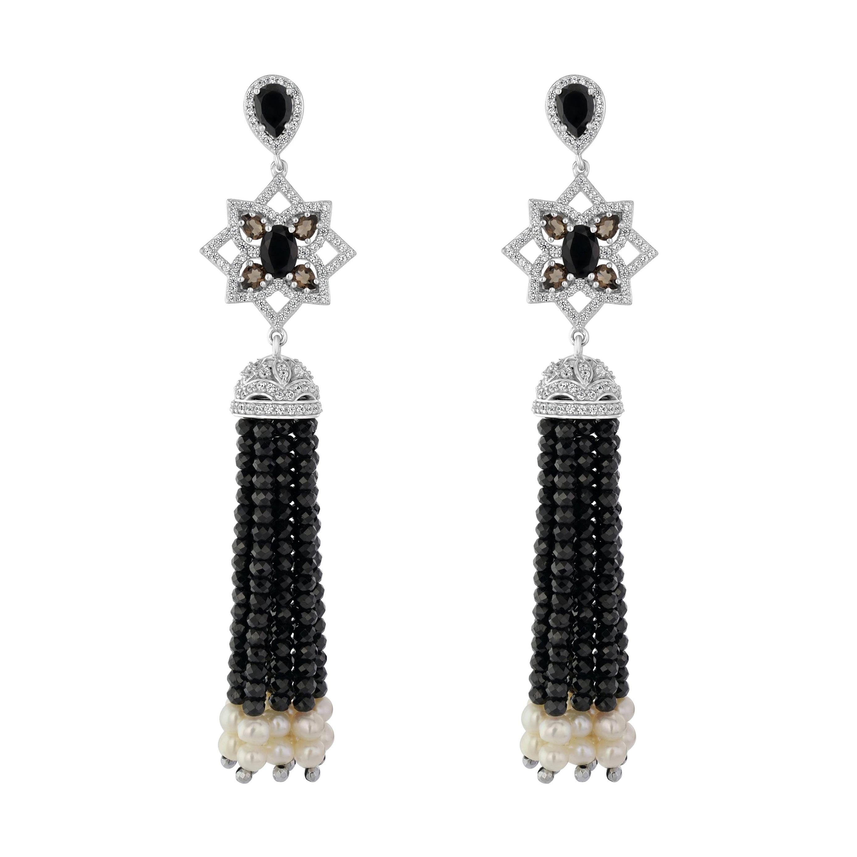 925 Sterling Silver with Smoky Quartz and Freshwater Pearl Tassel Earrings