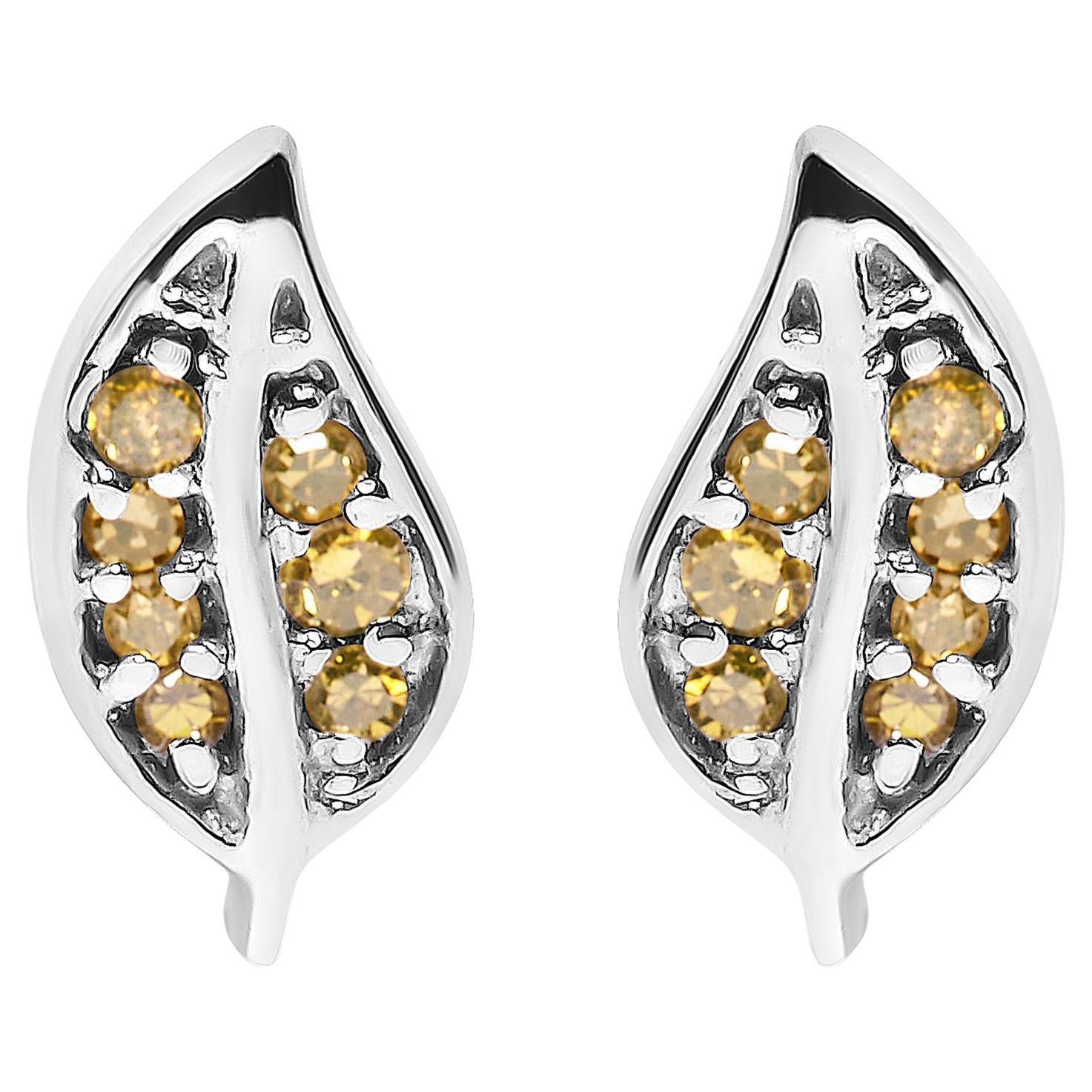 Orecchini a perno in argento 925 con diamanti gialli e accenti di foglie