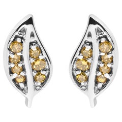 .925 Sterling Silver Yellow Diamond Accent Leaf Stud Earrings