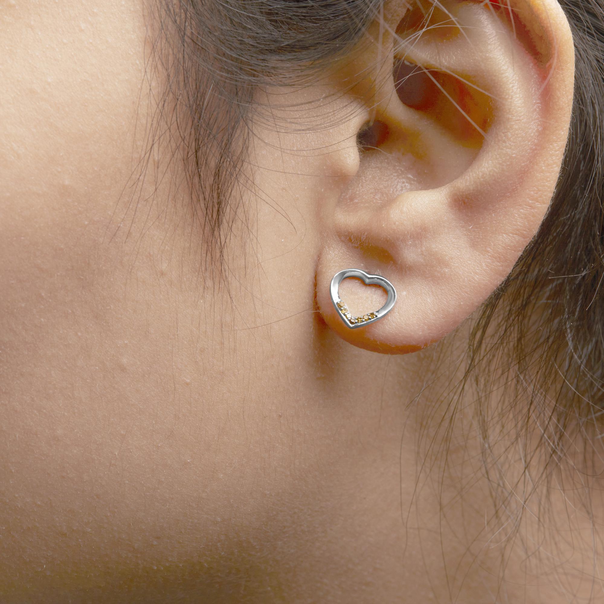 Taille ronde Boucles d'oreilles cœur ouvert en argent sterling .925 avec diamant jaune en vente