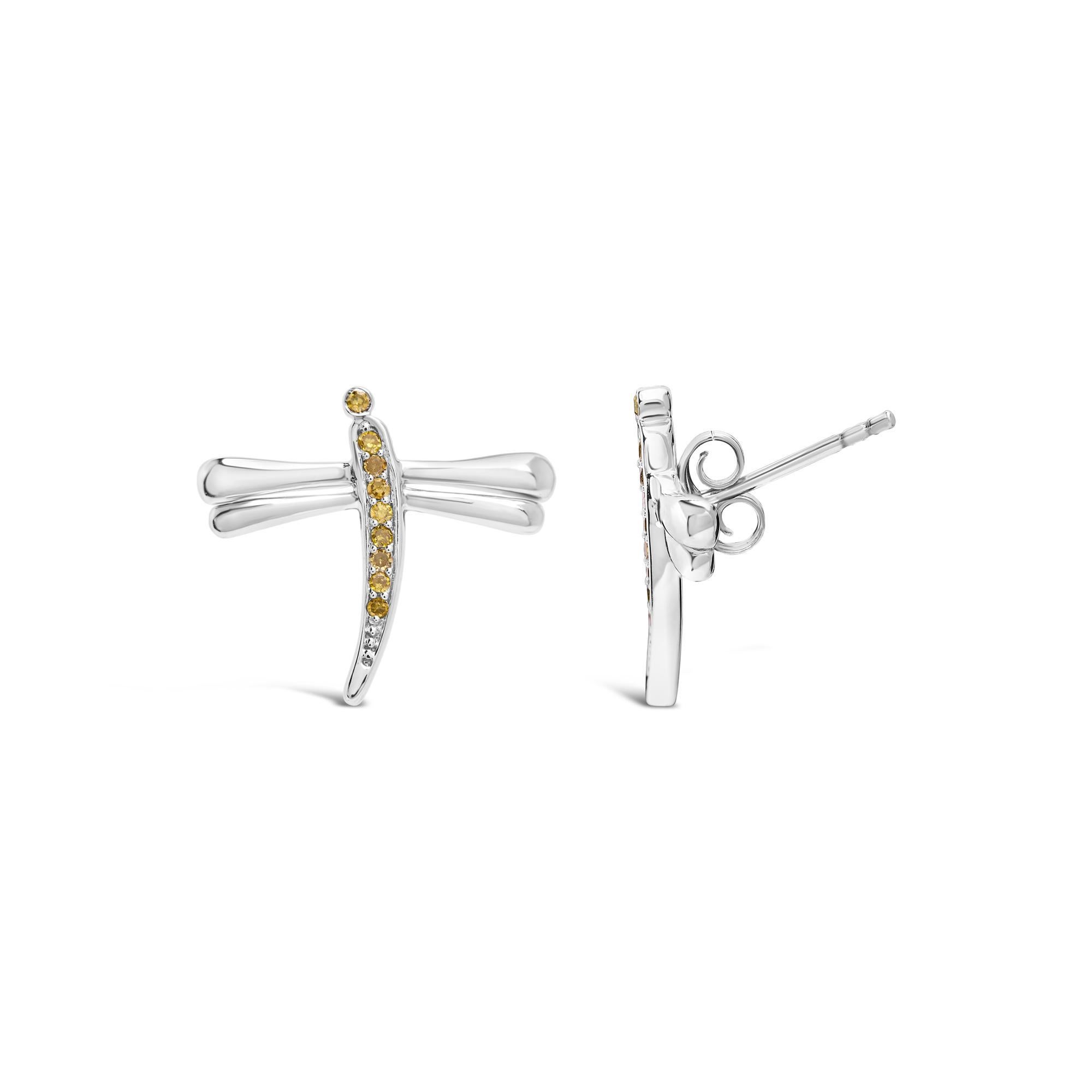Moderno Orecchini a perno a forma di libellula in argento Sterling 925 con diamanti trattati in giallo in vendita