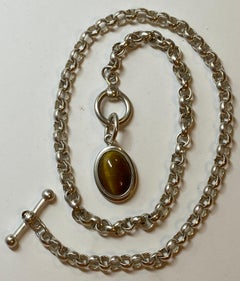 925 Thick Silver Italy-Style Chain Necklace Accented with "Tiger-Eye" Pendant