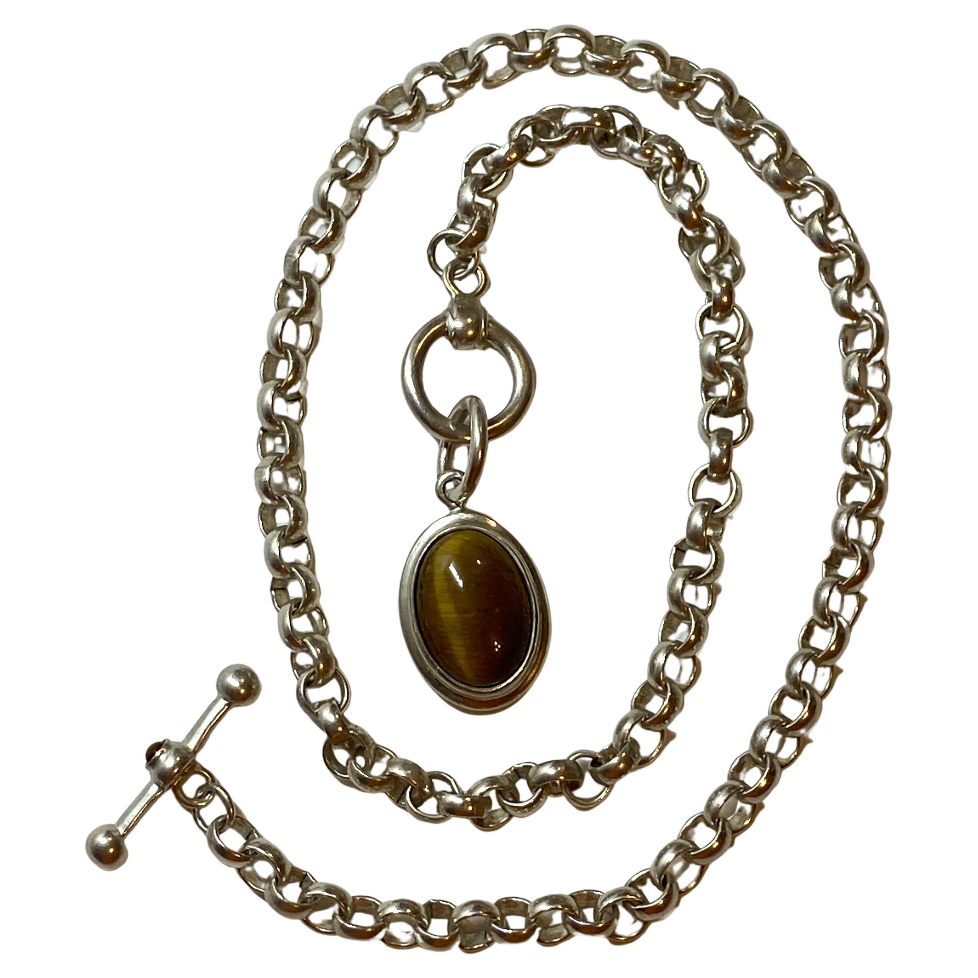 925 Thick Silver Italy-Style Chain Necklace Accented with "Tiger-Eye" Pendant For Sale