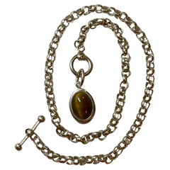 Vintage 925 Thick Silver Italy-Style Chain Necklace Accented with "Tiger-Eye" Pendant