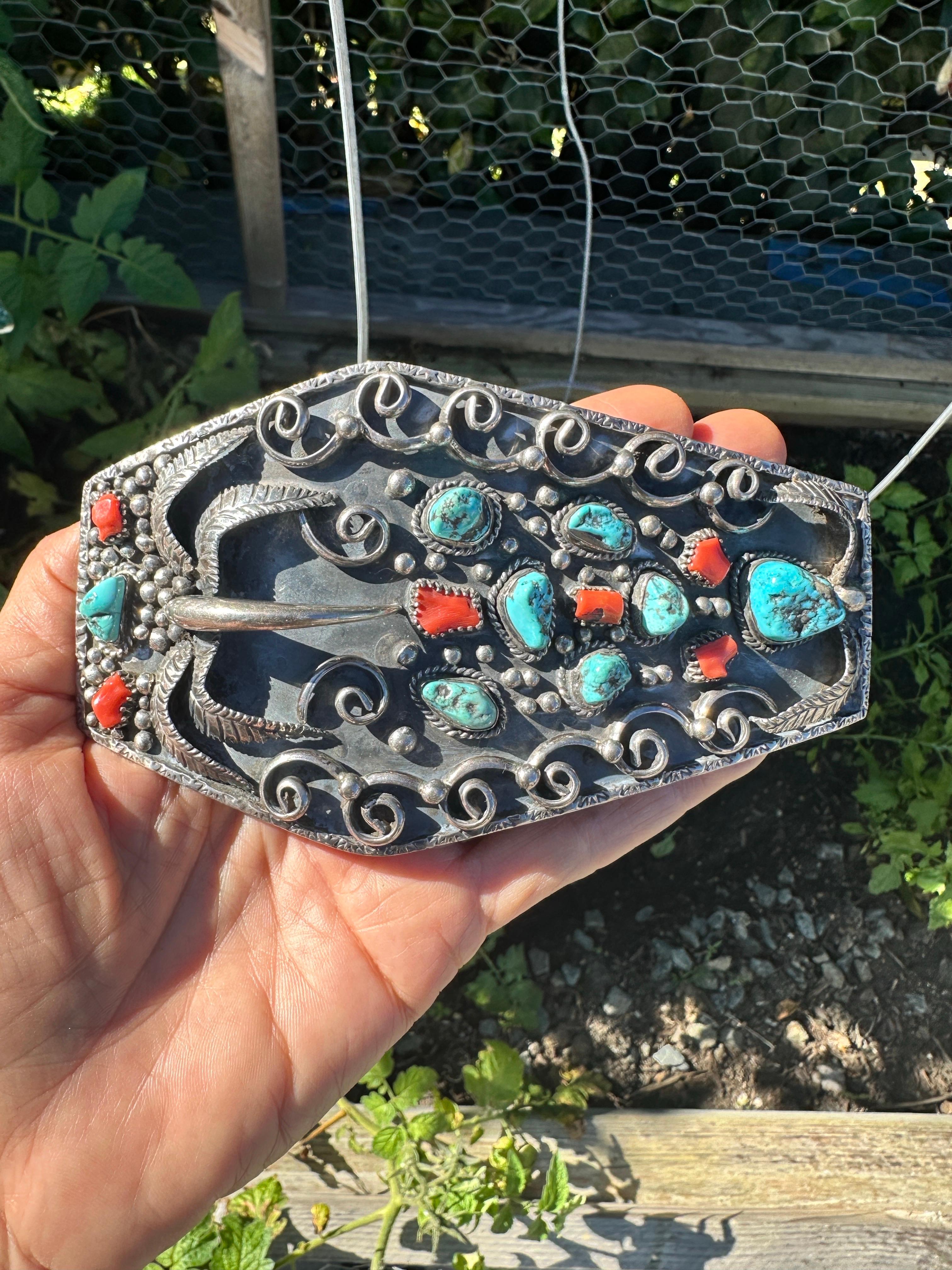 925 Thunder Bold Dan Eagle Claw Navajo belt buckle turquoise and Coral 6 Ounces For Sale 1