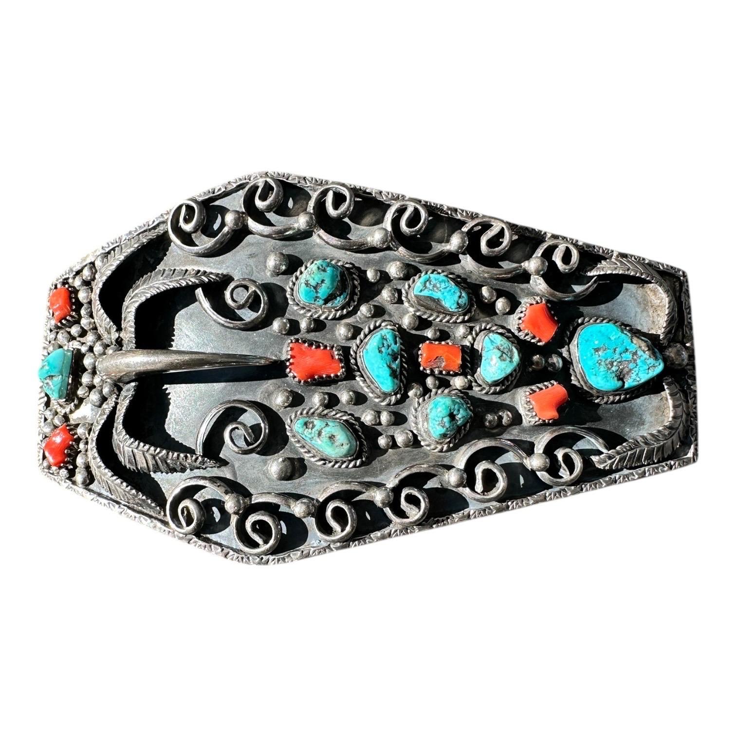 925 Thunder Bold Dan Eagle Claw Navajo belt buckle turquoise and Coral 6 Ounces For Sale