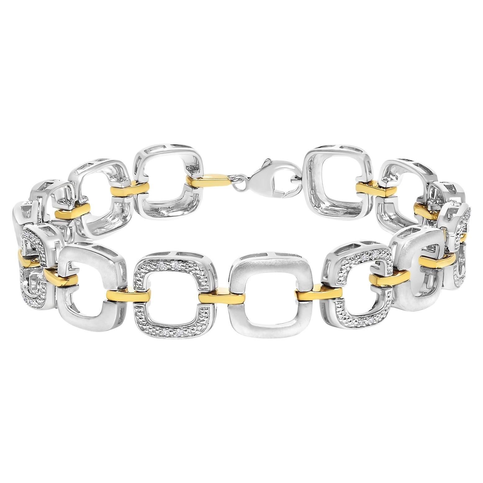 .925 Two-Tone Sterling Silver Diamond Accent Open Box Link Bracelet For Sale