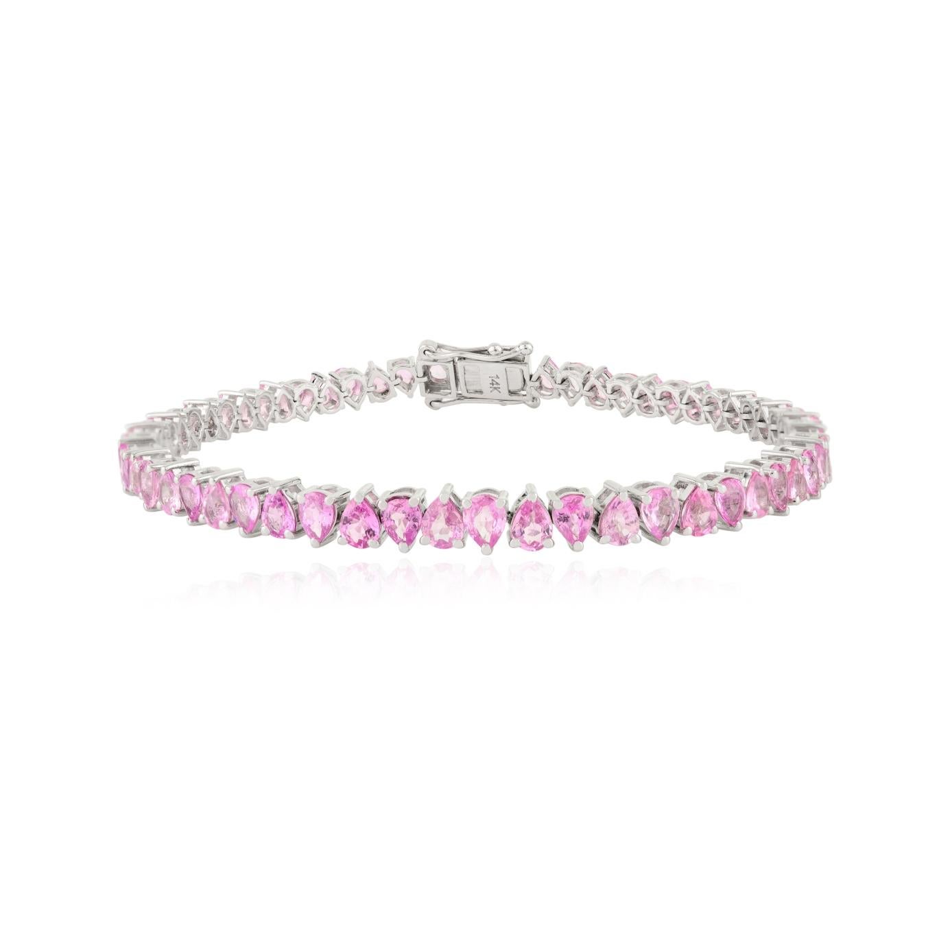Tennisarmband aus 14 Karat Weißgold mit 9,25 Karat rosa Saphiren im Birnenschliff und Steinschliff im Angebot 1