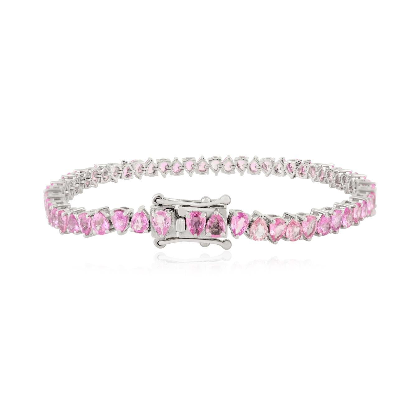 Tennisarmband aus 14 Karat Weißgold mit 9,25 Karat rosa Saphiren im Birnenschliff und Steinschliff im Angebot 3
