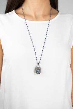 925K Silver and Lapis Stone Carved Elephant Topaz Necklace with 0.45 Ct Diamond
