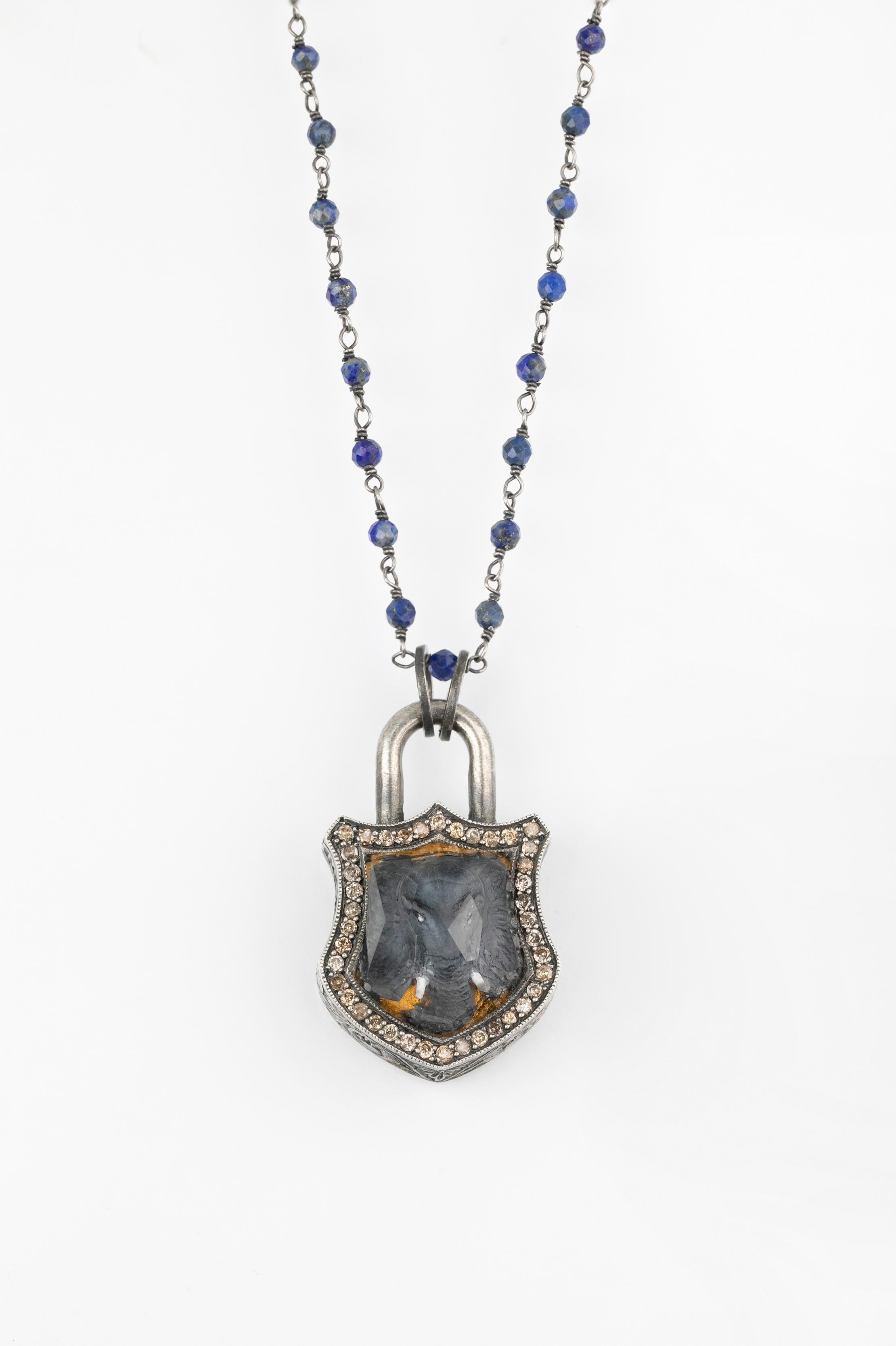 Art Deco 925K Silver and Lapis Stone Carved Elephant Topaz Necklace with 0.45 Ct Diamond For Sale