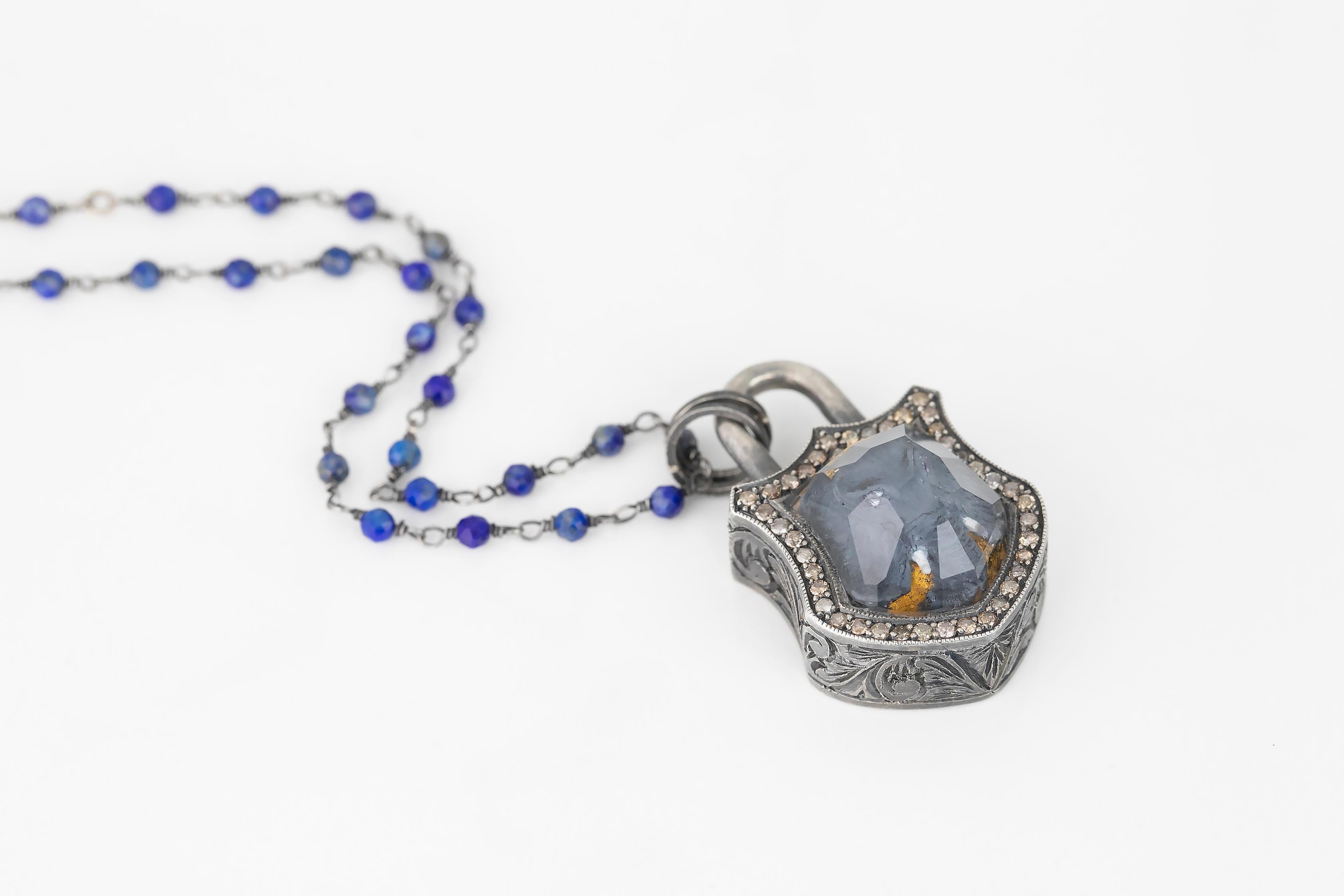 925 Karat Silber und Lapis Stein geschnitzt Elefant Topas Halskette mit 0,45 Karat Diamant im Angebot 2